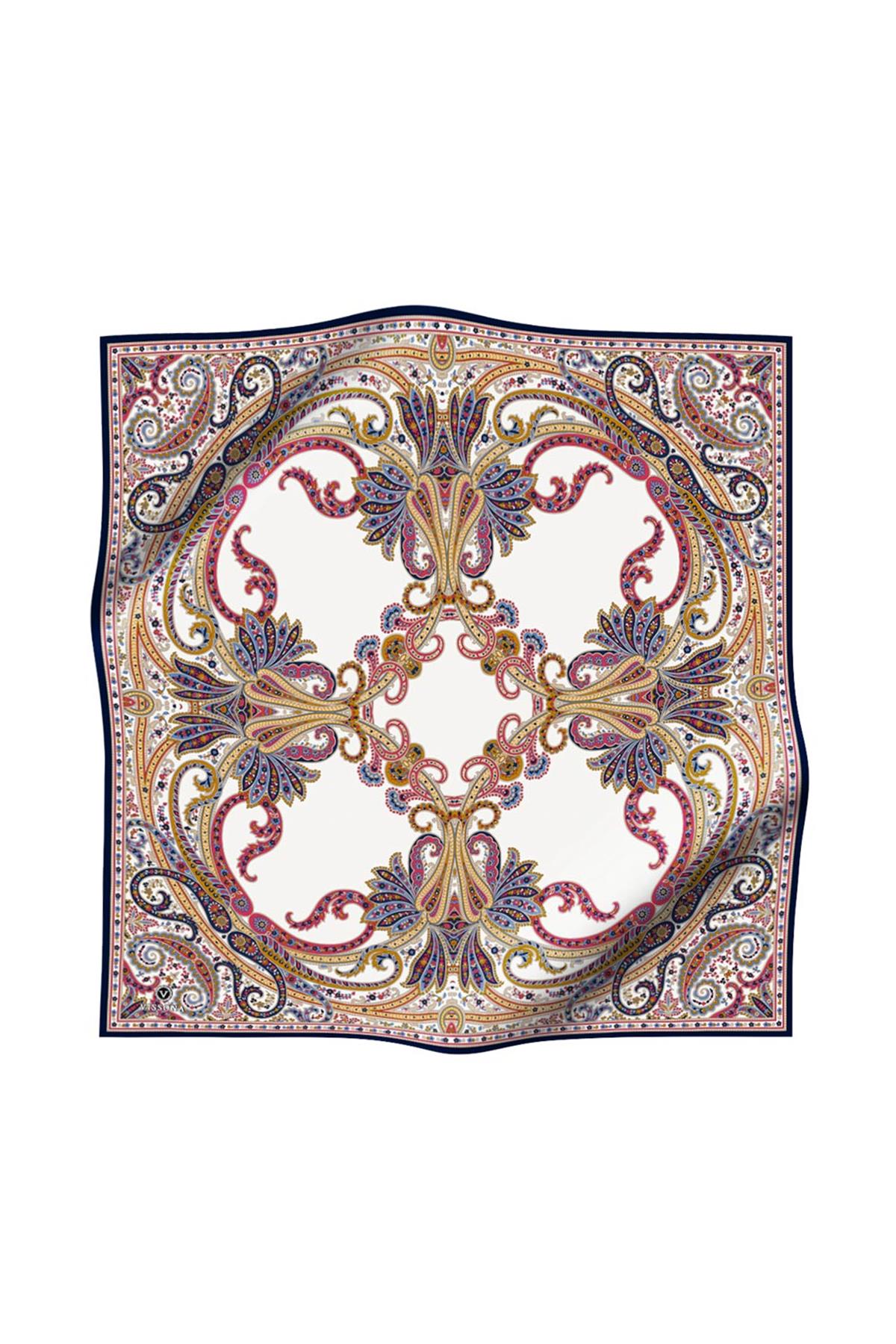 %100 Twill İpek Şal Desenli Lacivert - Gold Renkli 90x90 Eşarp Dikim Şekli : El Dikişi
