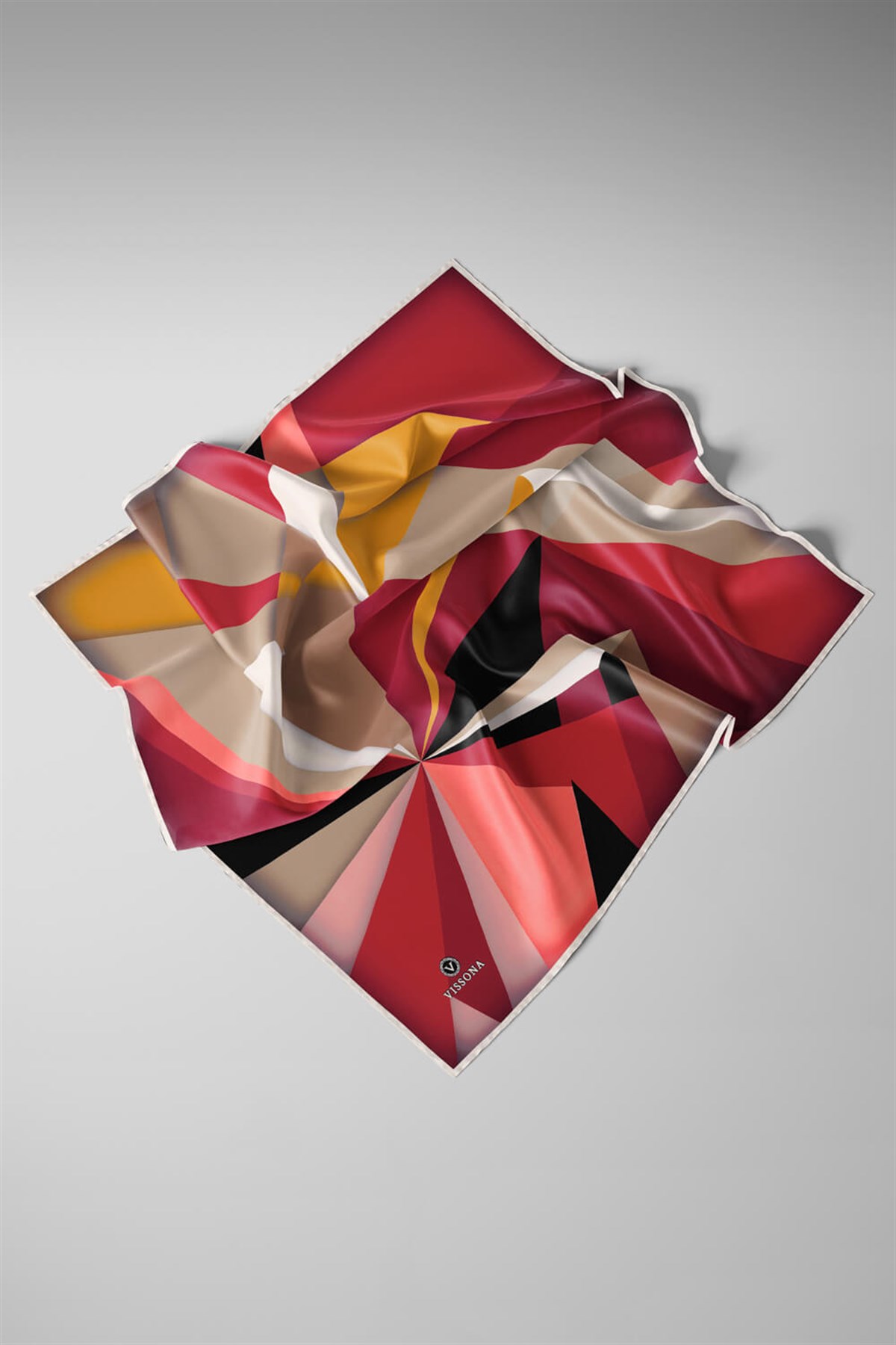 %100 Twill İpek Geometrik Desenli Bordo - Bej Renkli 90x90 Eşarp Dikim Şekli : El Dikişi