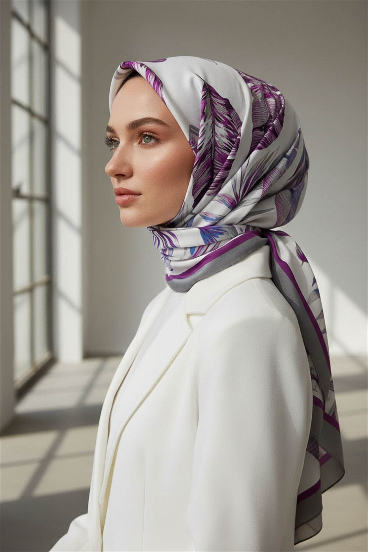KREP YAPRAK DESENLİ LİLA - GRİ RENKLİ 75X195 KIRIŞMAZ ŞAL