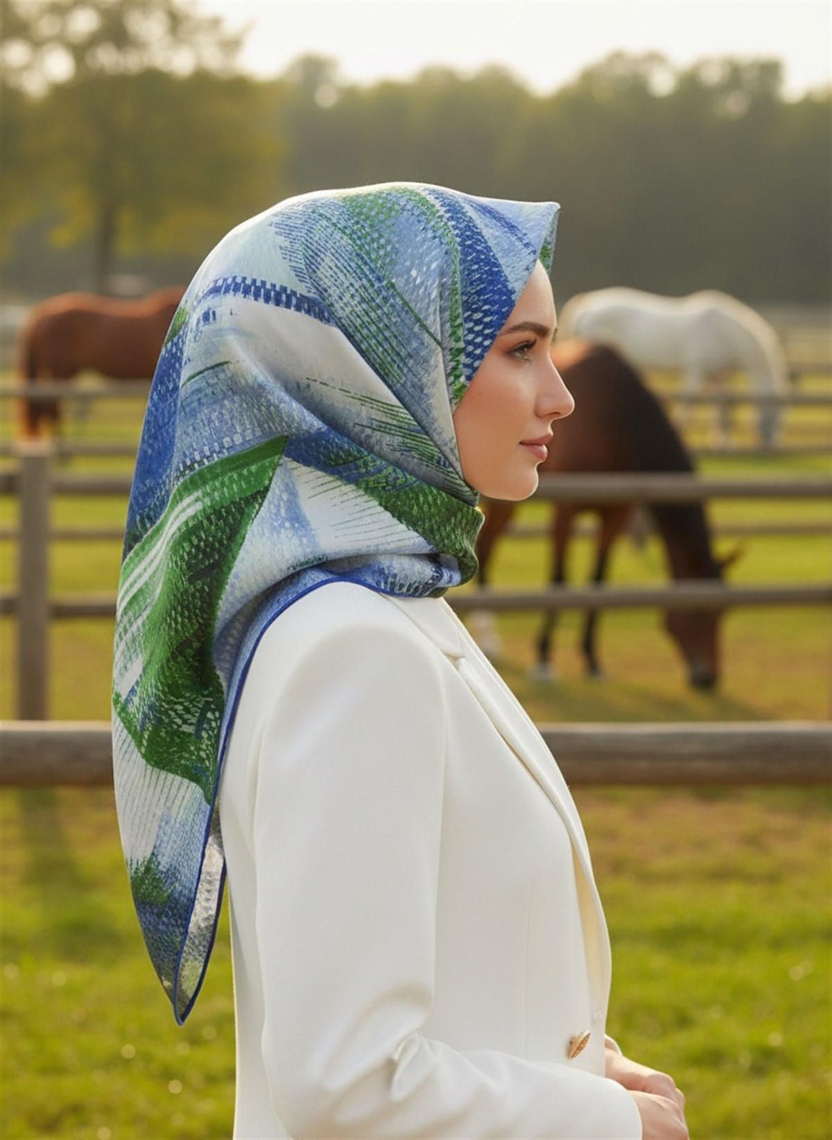 %100 Twill İpek Efektli ve Geometrik Desenli Fıstık Yeşili - Saks Renkli 90x90 Eşarp Dikim Şekli : El Dikişi