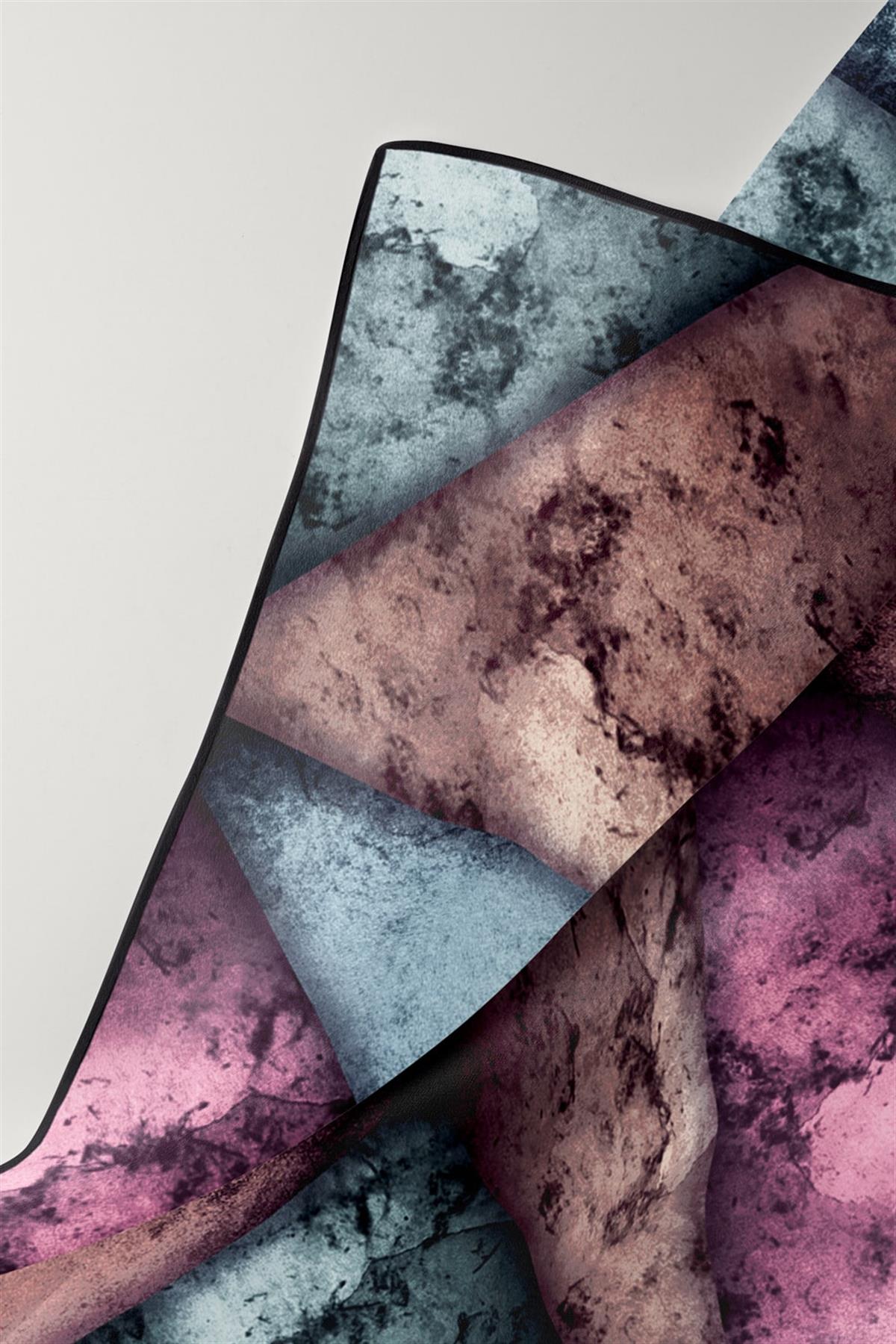 %100 Twill İpek Dokulu Ve Geometrik Desenli Mint Yeşili - Lila Renkli 90x90 Eşarp Dikim Şekli : El Dikişi