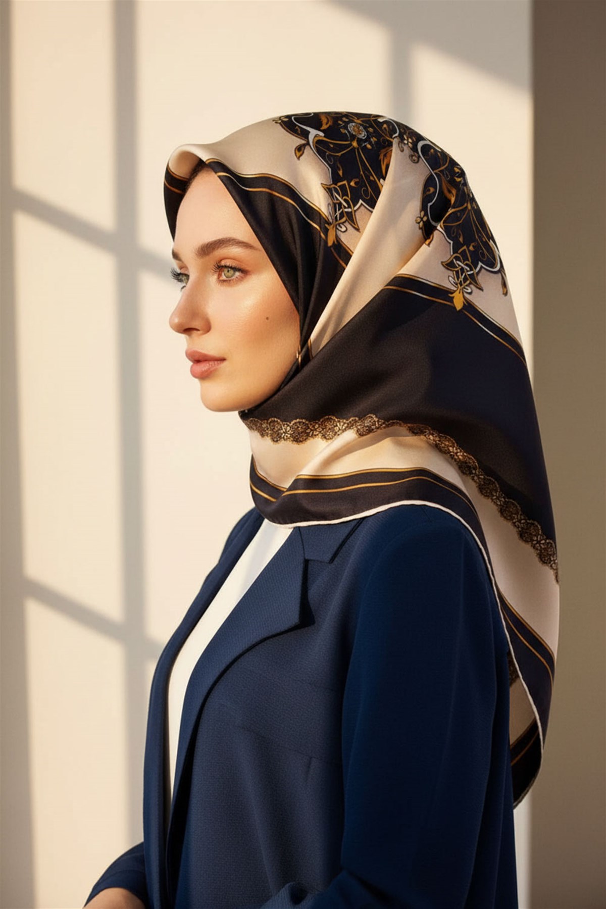 %100 Twill Barok Desenli Lacivert - Krem Renkli 90x90 Eşarp Dikim Şekli: El Dikişi
