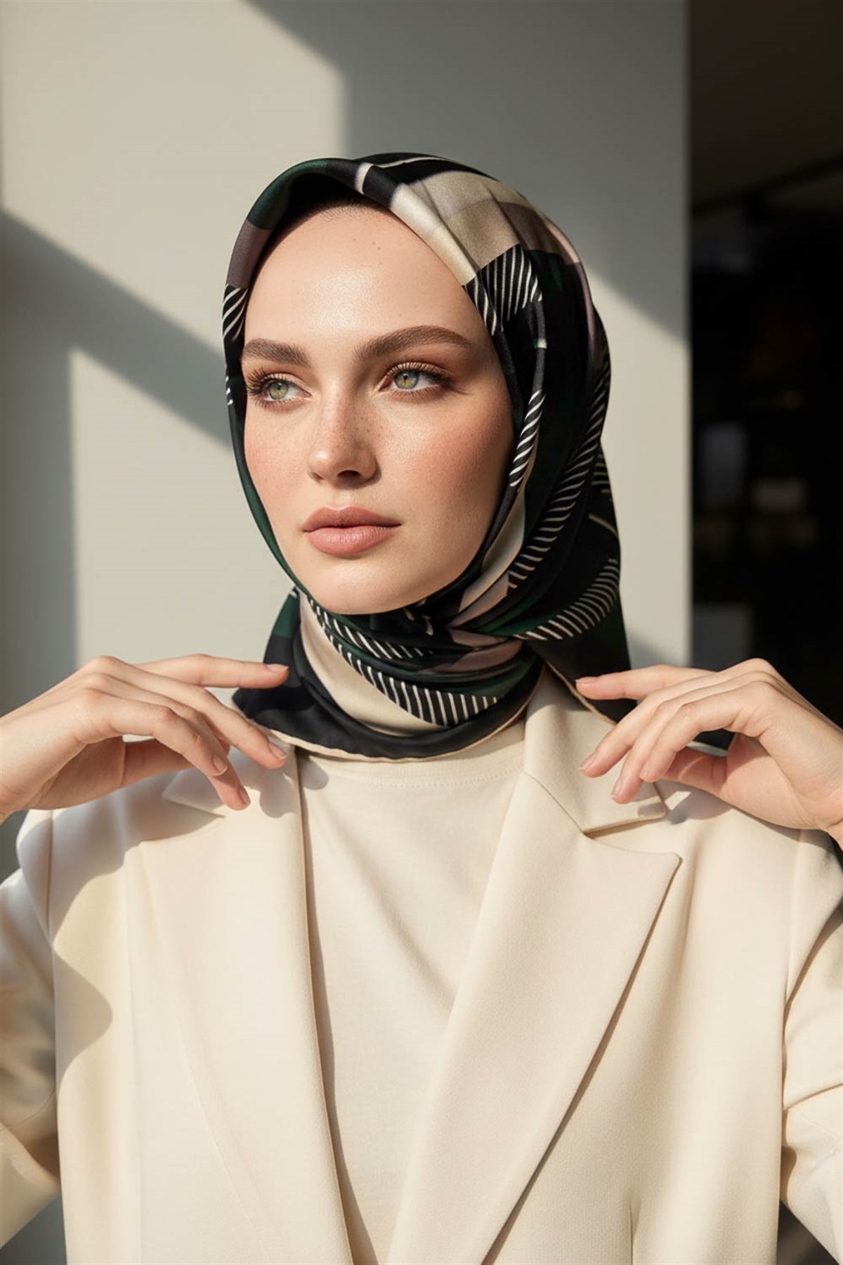%100 Twill İpek Zebra Desenli Zümrüt Yeşili - Siyah Renkli 90x90 Eşarp Dikim Şekli : El Dikişi