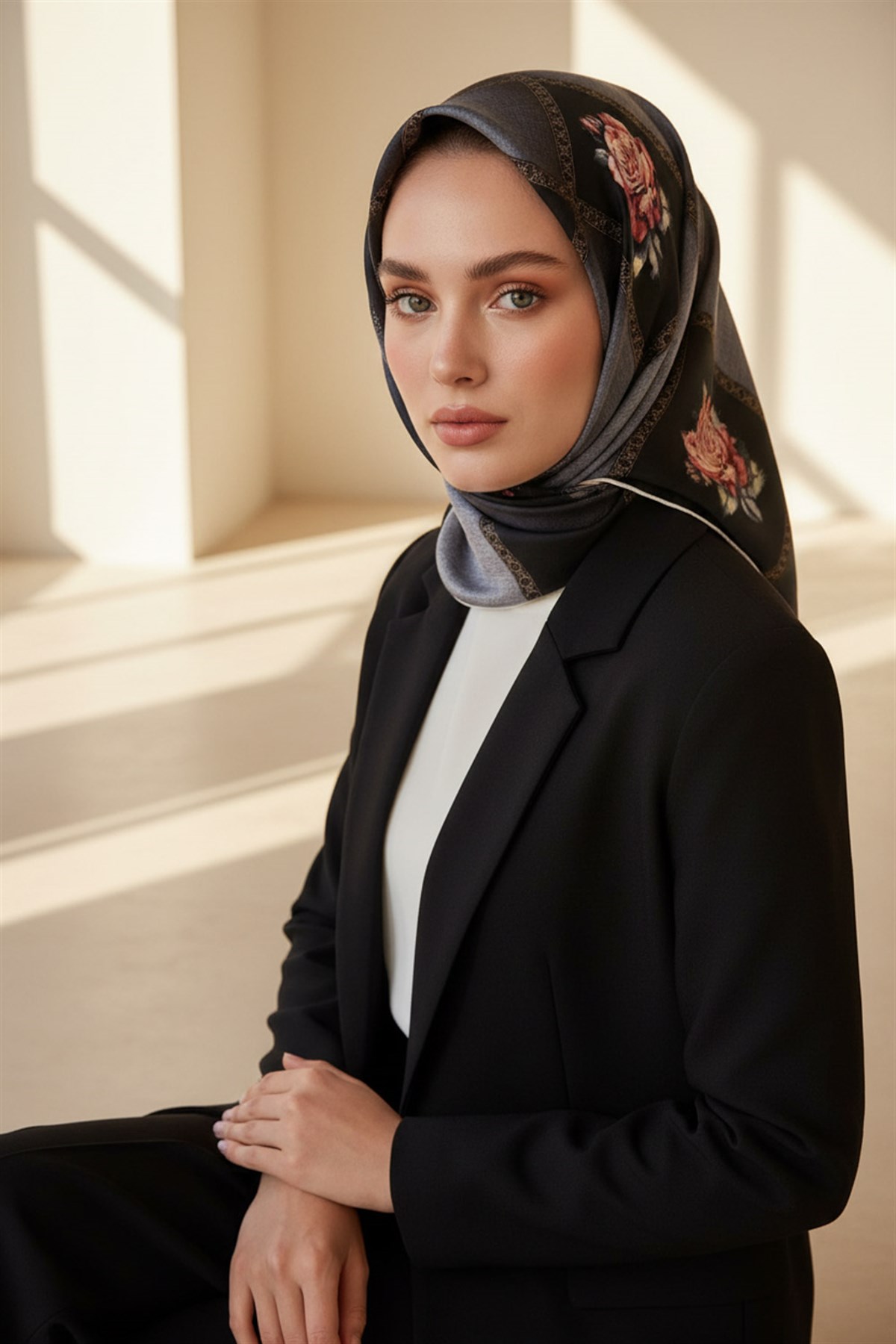 %100 Twill İpek Dokulu Çiçekli Ve Geometrik Desenli Siyah - Gri Renkli 90x90 Eşarp Dikim Şekli : El Dikişi
