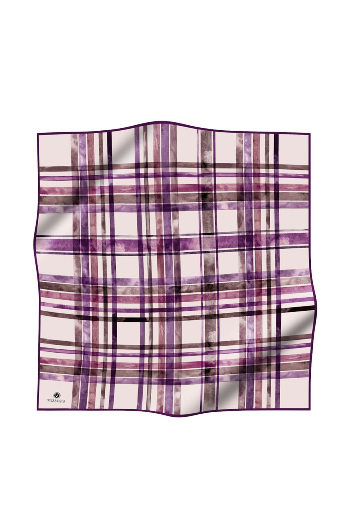 %100 Twill İpek Ekose Desenli Mürdüm - Vizon Renkli 90x90 Eşarp Kenar Dikiş Şekli El Dikişli