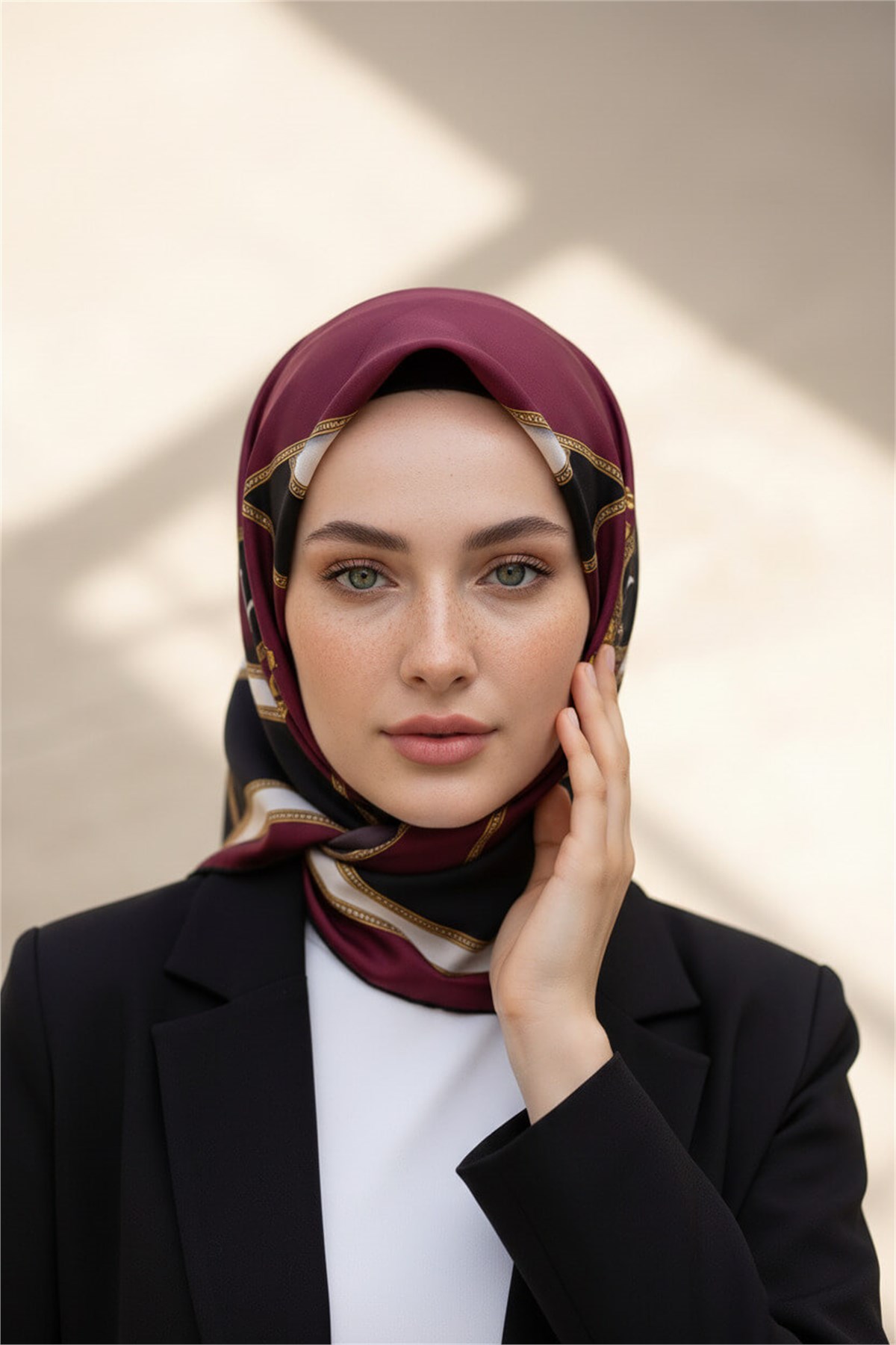 %100 Twill İpek Baroklu Ve Geometrik Desenli Bordo - Siyah Renkli 90x90 Eşarp Dikim Şekli : El Dikişi