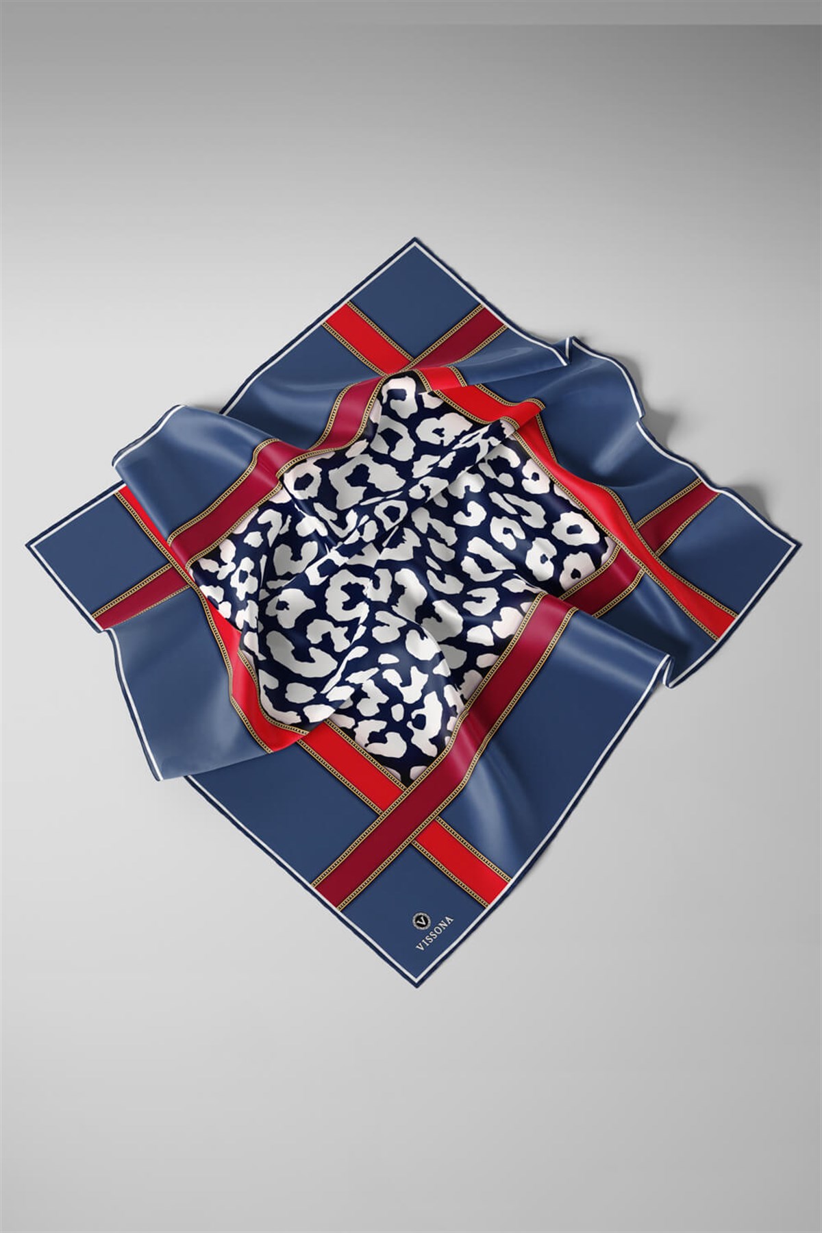 %100 Twill İpek Leopar Desenli İndigo - Kırmızı Renkli 90x90 Eşarp Dikim Şekli : El Dikişi