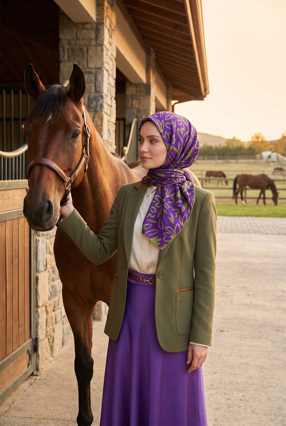 %100 Twill İpek Büyük Çiçek Desenli Mor - Haki Renkli 90x90 Eşarp Dikim Şekli : El Dikişi