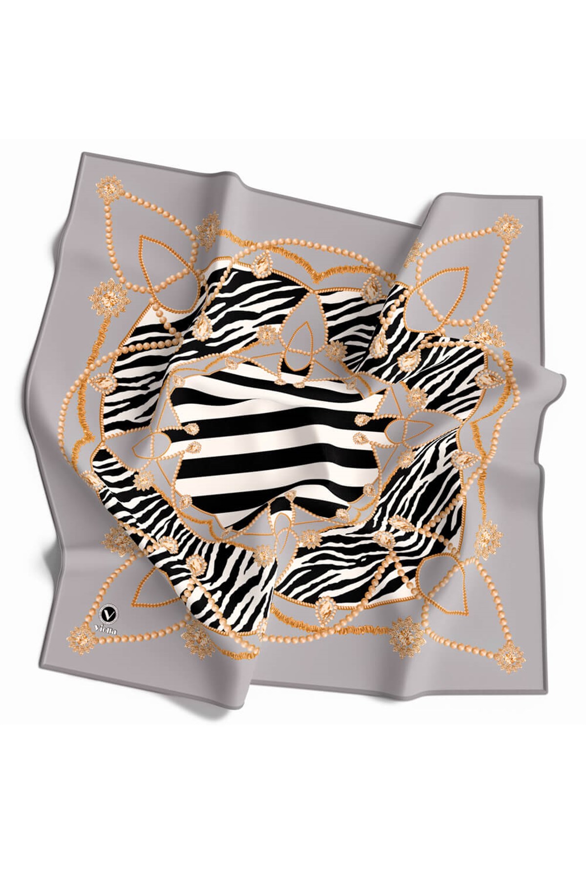 Twill Gold Detaylı Zebra Desenli Gümüş Renkli 90x90 Eşarp (İpek İçermez) Kenar Dikiş Şekli El Dikişli