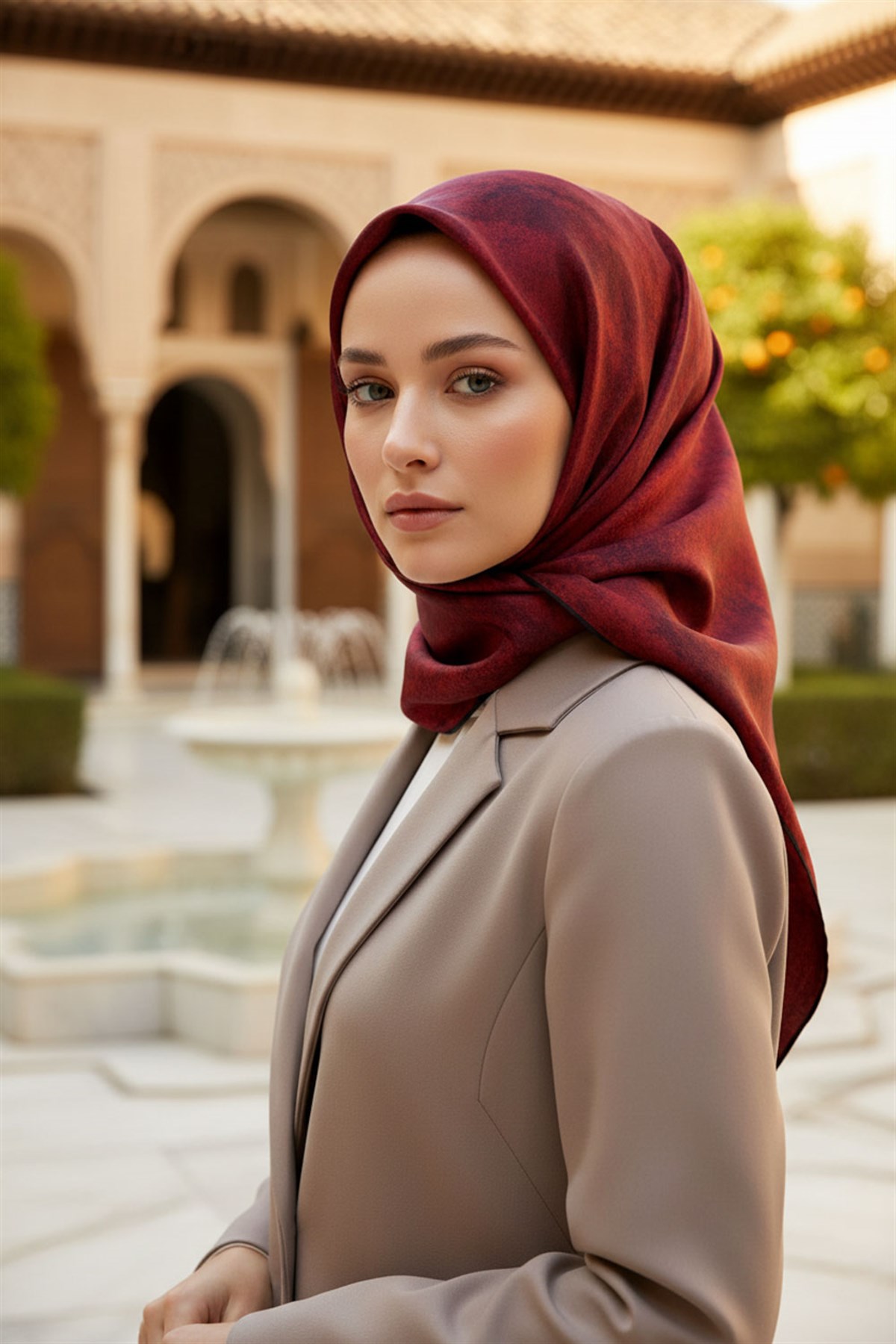 % 57 İPEK % 43 VİSKON Twill İpek Doku Desenli Bordo Renkli 90x90 Eşarp Dikim Şekli : El Dikişi