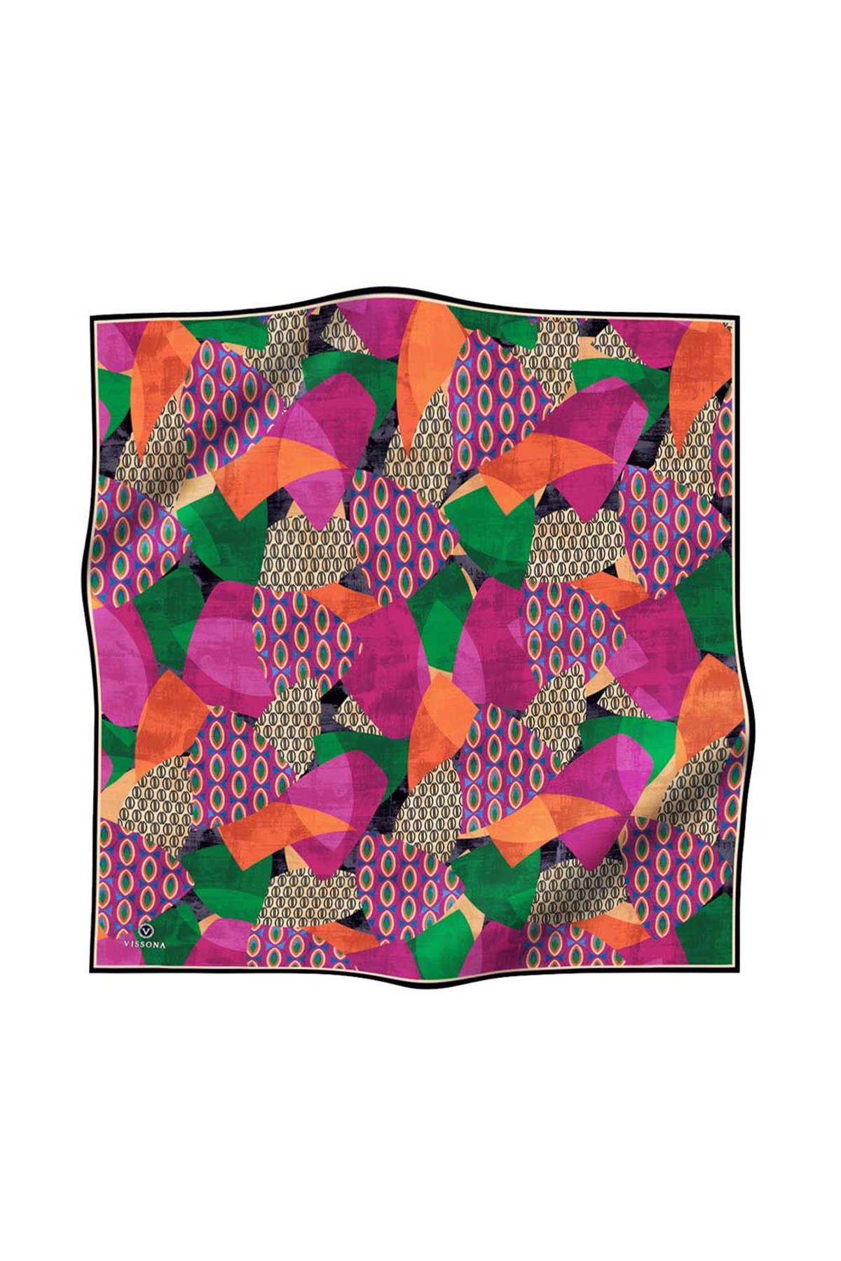 %100 Twill İpek Geometrik Desenli Fuşya - Zümrüt Yeşili Renkli 90x90 Eşarp Eşarp Kenar Dikiş Şekli El Dikişli