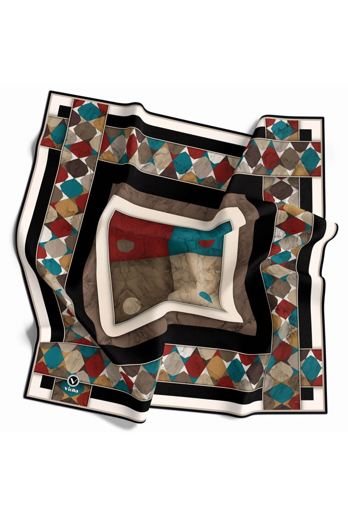 Twill Geometrik Mermer Desenli Siyah Renkli 90x90 Eşarp (İpek İçermez) Kenar Dikiş Şekli El Dikişli