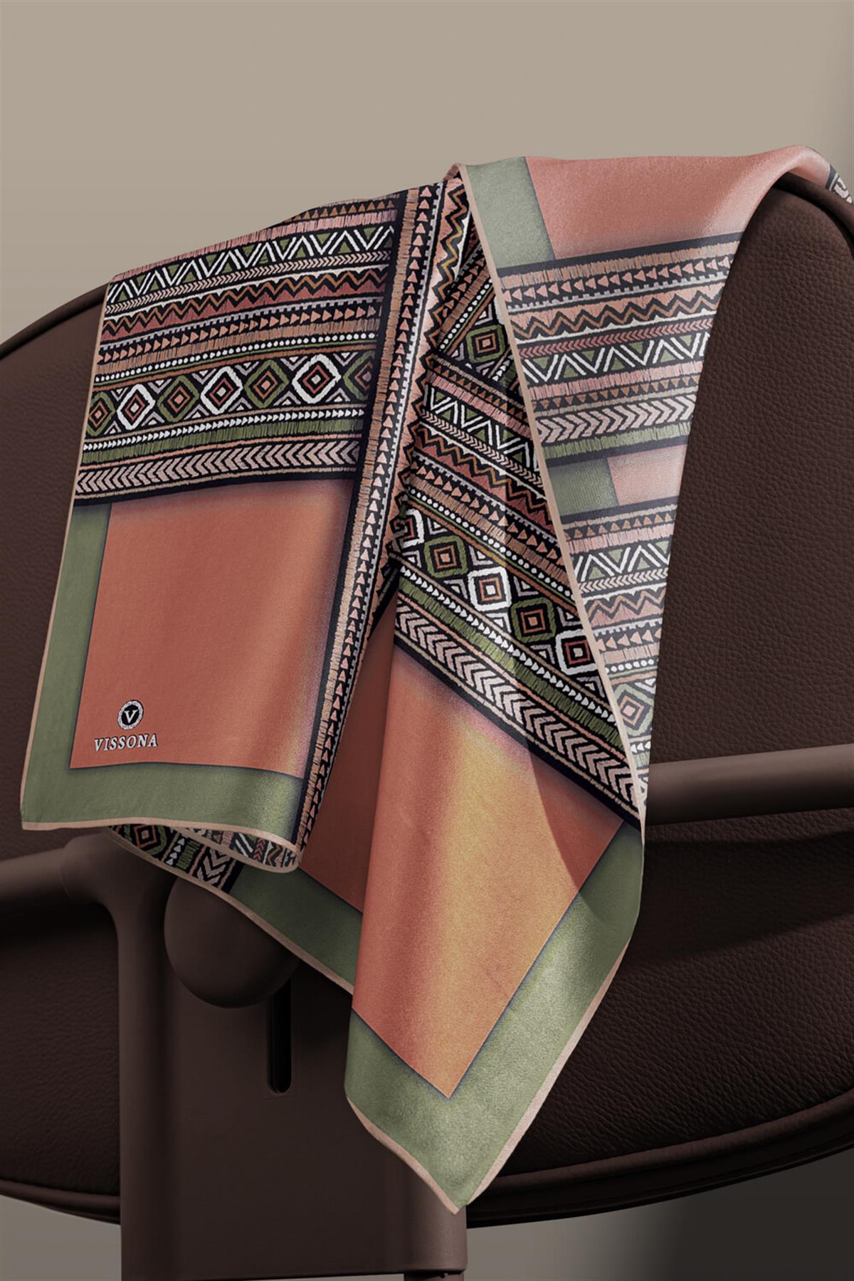 %100 Twill İpek Etnik Desenli Haki - Bakır  Renkli 90x90 Eşarp Dikim Şekli : El Dikişi