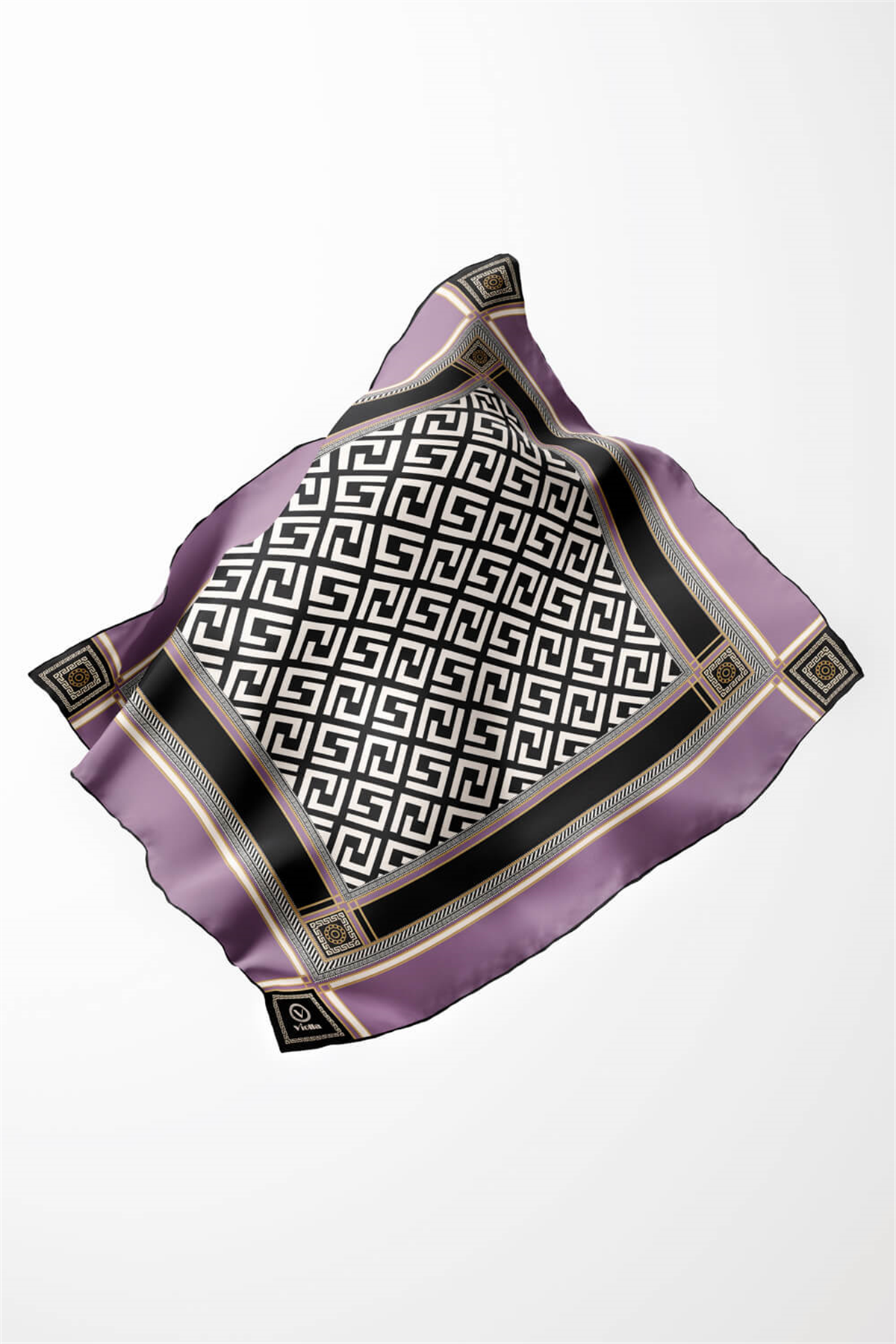 Twill Antik Desenli Lila Renkli 90x90 Eşarp (İpek İçermez) Kenar Dikiş Şekli El Dikişli