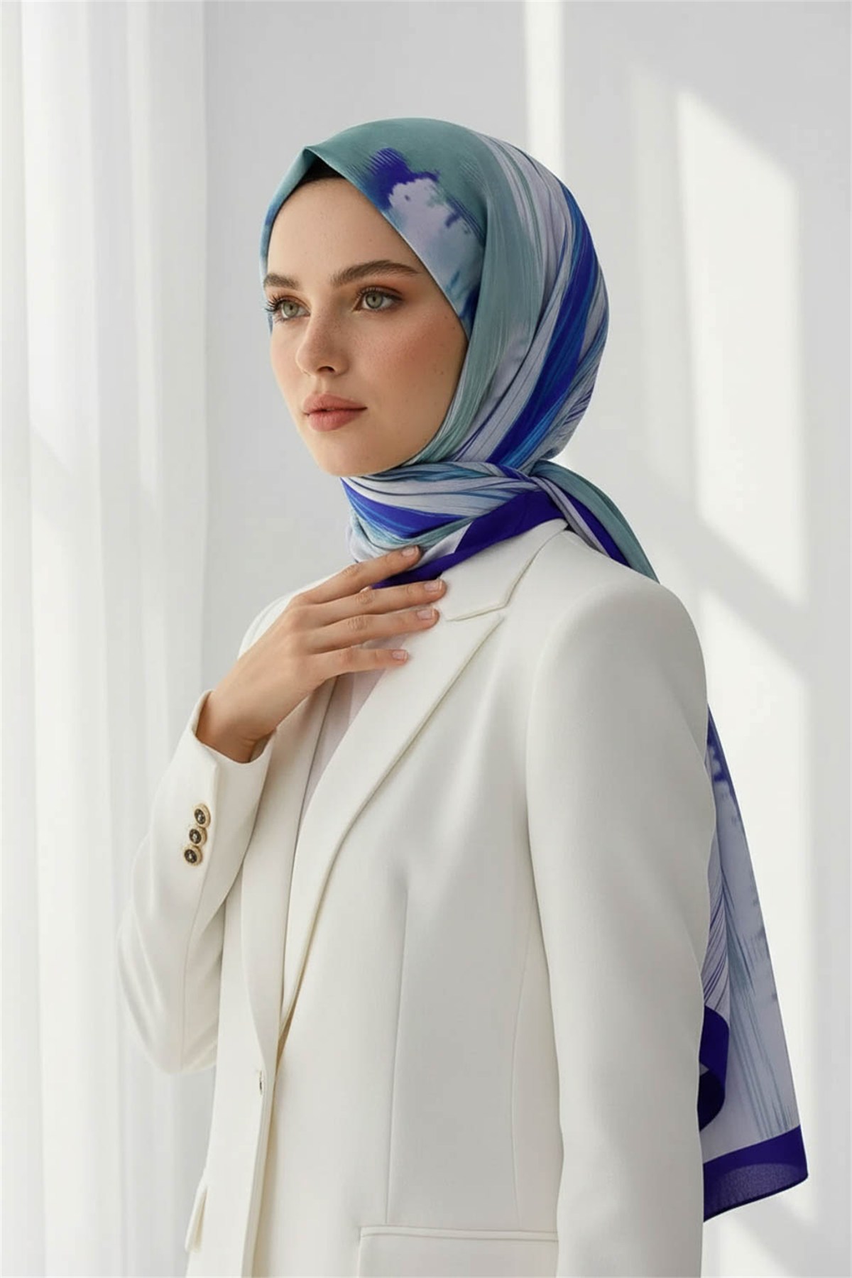 KREP ÇİZGİ DESENLİ SAKS RENKLİ 75X195 KIRIŞMAZ ŞAL