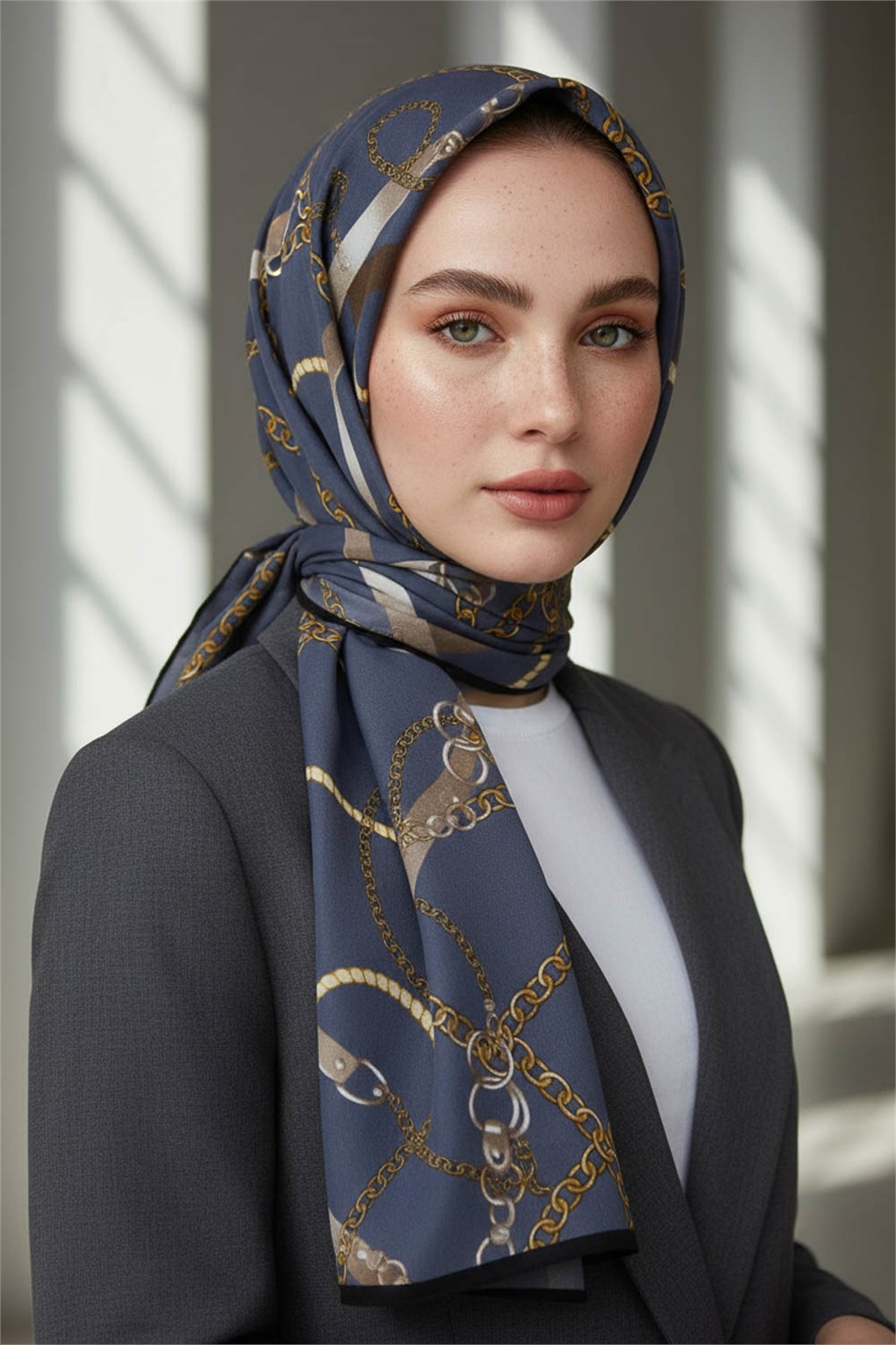 KREP ZİNCİRLİ KEMER DESENLİ FÜME RENKLİ 75X195 KIRIŞMAZ ŞAL