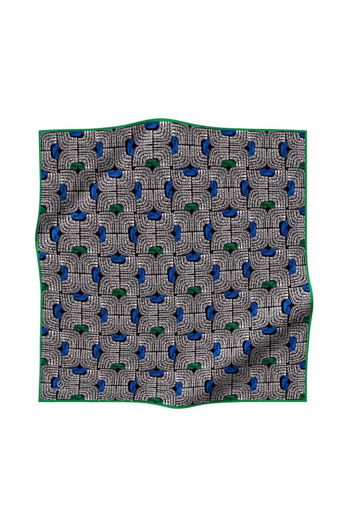 %100 Twill İpek Geometrik Desenli Saks - Zümrüt Yeşili Renkli 90x90 Eşarp Dikim Şekli : El Dikişi