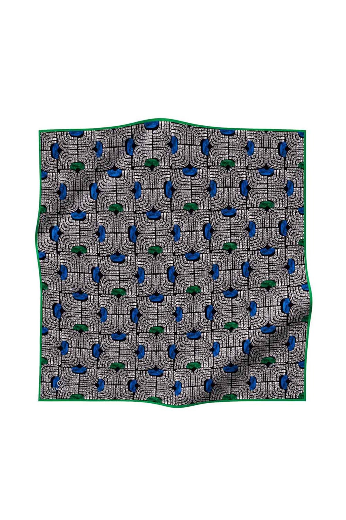 %100 Twill İpek Geometrik Desenli Saks - Zümrüt Yeşili Renkli 90x90 Eşarp Dikim Şekli : El Dikişi