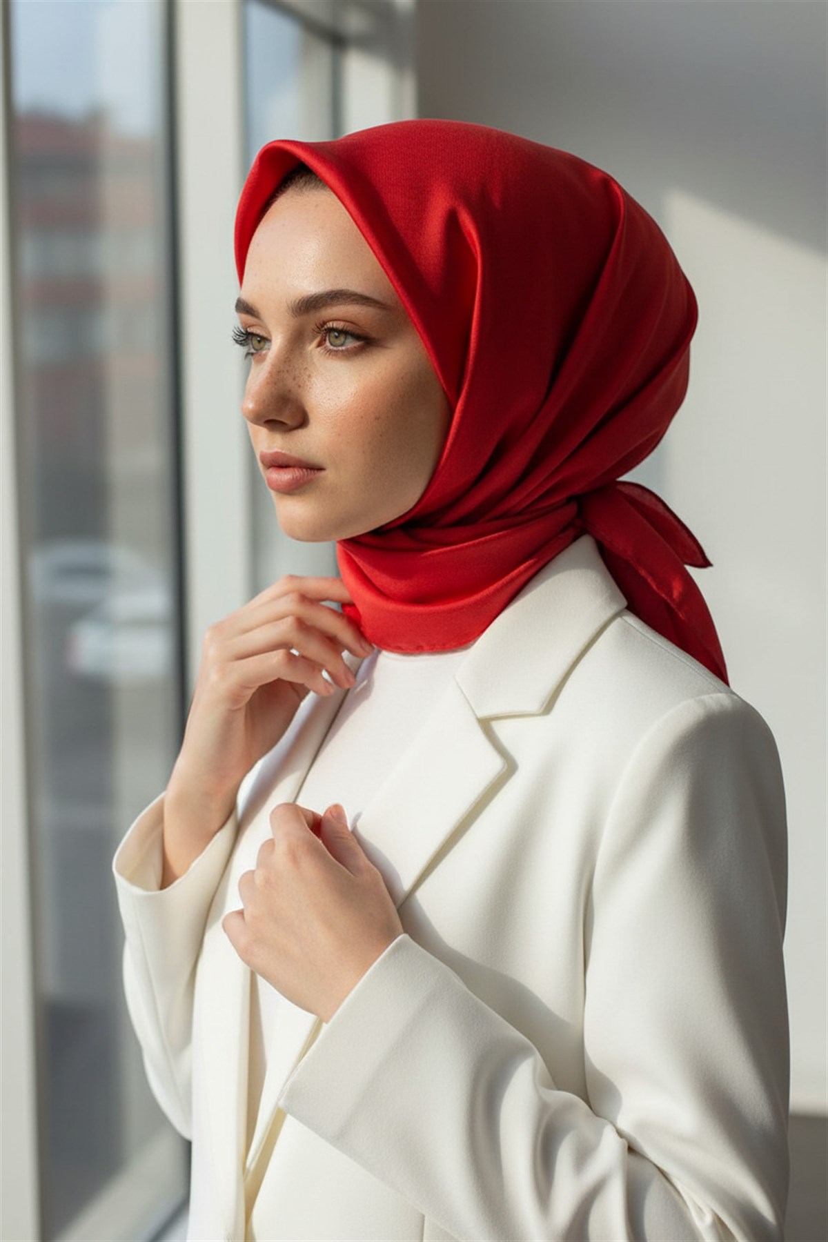 %100 Twill İpek Düz Kırmızı Renkli Daha Tok Exclusive Serisi 90x90 Eşarp Dikim Şekli : El Dikişi