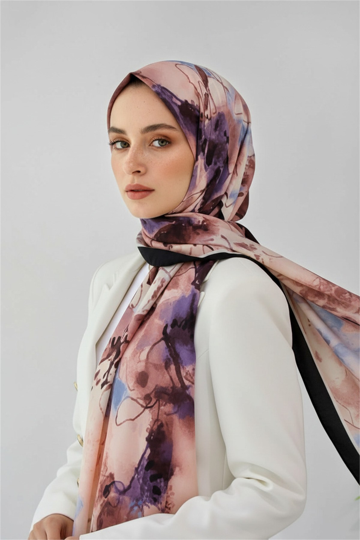 KREP SULU BOYA YAPRAK DESENLİ PUDRA RENKLİ 75X195 KIRIŞMAZ ŞAL