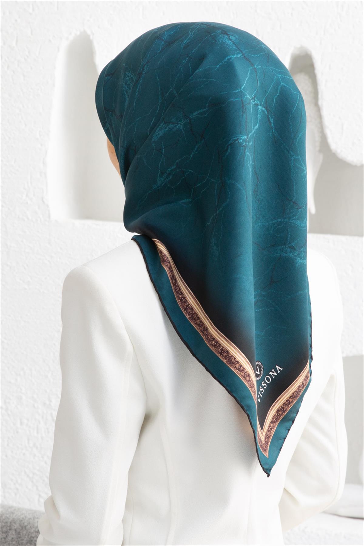 %100 Twill İpek Mermer Desenli Petrol Yeşili Renkli 90x90 Eşarp Dikim Şekli : El Dikişi