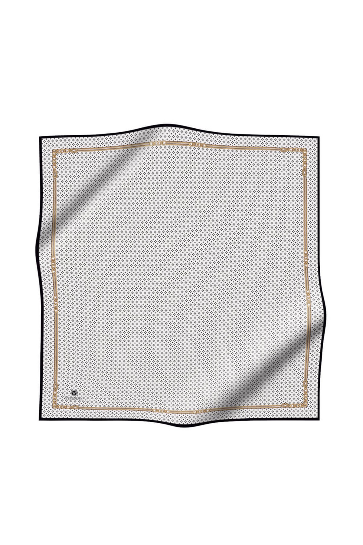 %57 İPEK %43 VİSKON Twill İpek Zincir Desenli Krem - Siyah Renkli 90x90 Eşarp Dikim Şekli : El Dikişi