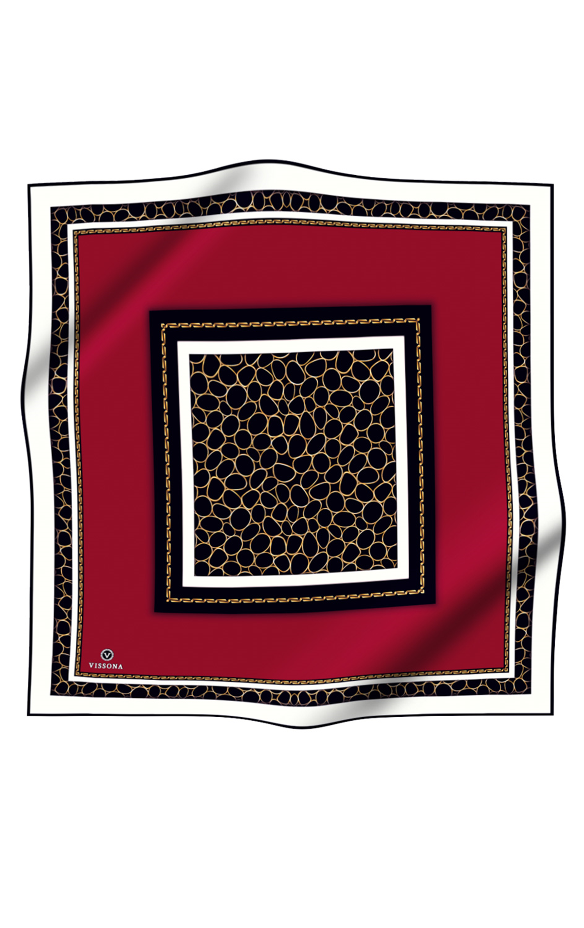 % 57 İPEK % 43 VİSKON Twill İpek Gold Halka Desenli Bordo - Siyah Renkli 90x90 Eşarp Dikim Şekli : El Dikişi