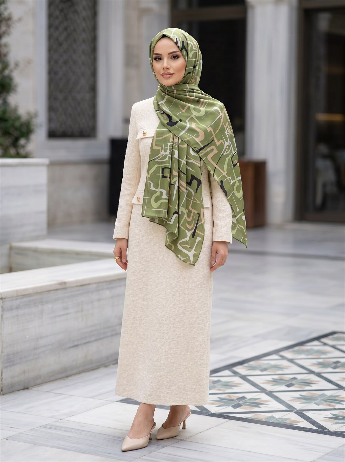 %100 Saf İpek Şal İnce Saten Vual Dokuma Çizgili Desenli Haki Renkli 90x210 Şal