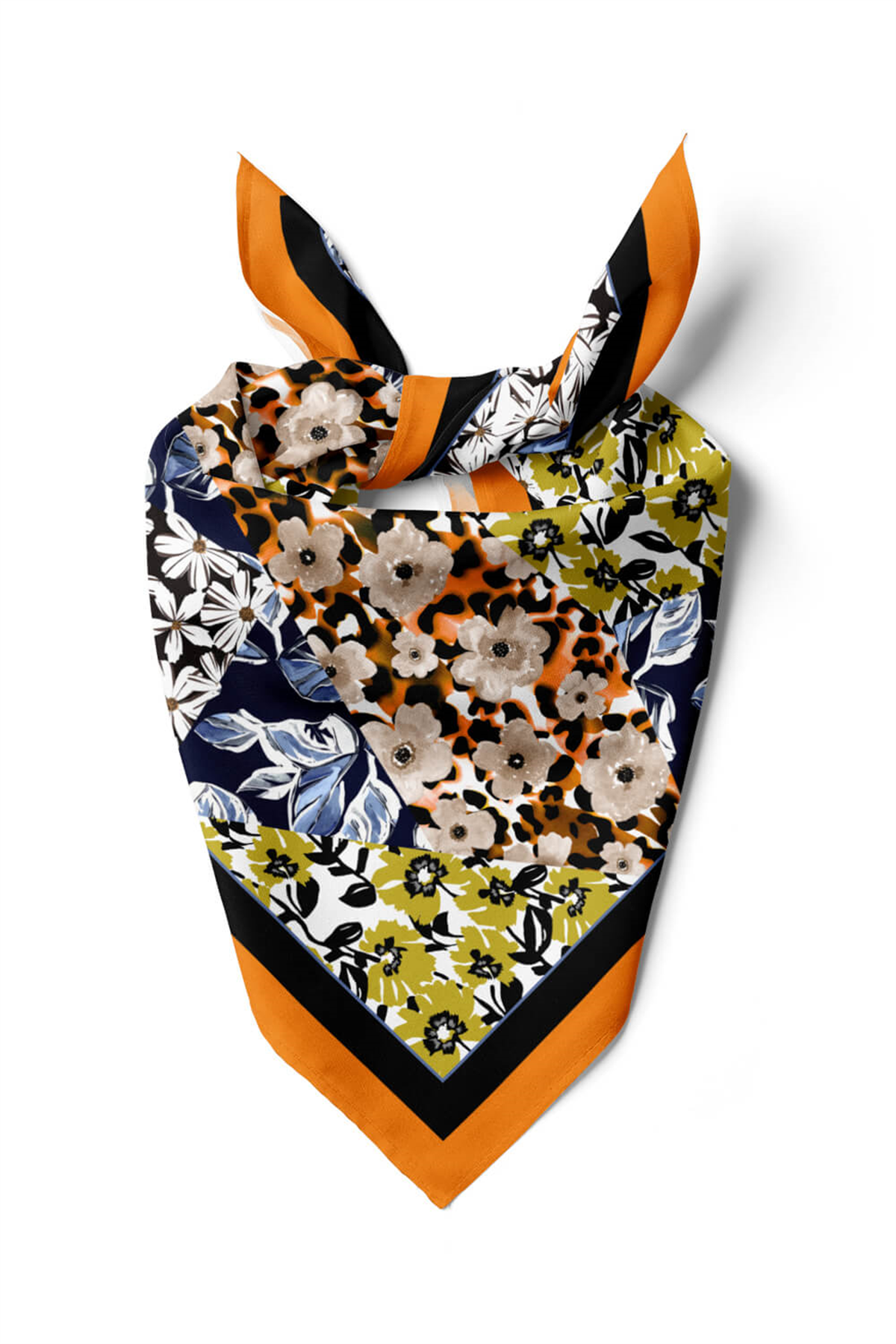 H47 Kadın Sarı Mavi Çiçek Desenli 50x50 Bandana HYL DG01631-22