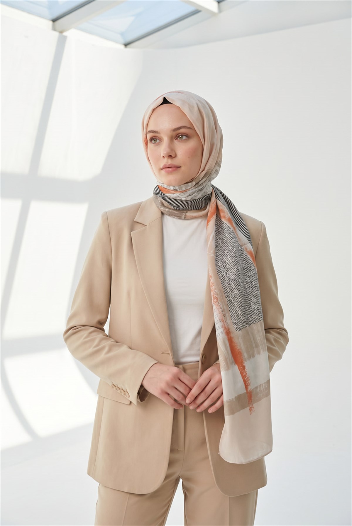 %100 Saf İpek Şal İnce Saten Vual Dokuma Patchwork Desenli Somon - Vizon Renkli 90x210 Şal