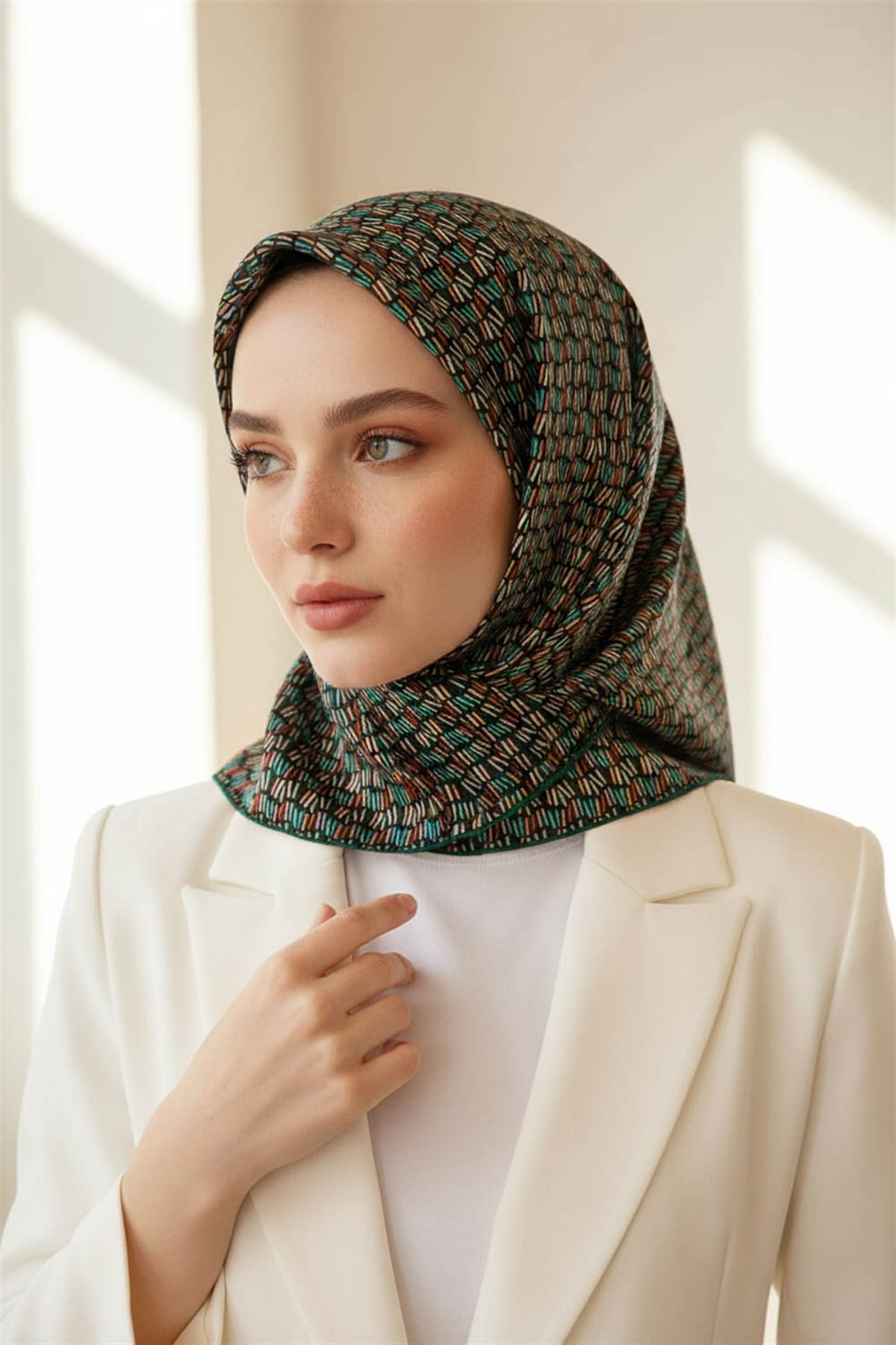 %100 Twill İpek Çizgi Desenli Siyah - Petrol Yeşili Renkli 90x90 Eşarp Dikim Şekli : El Dikişi