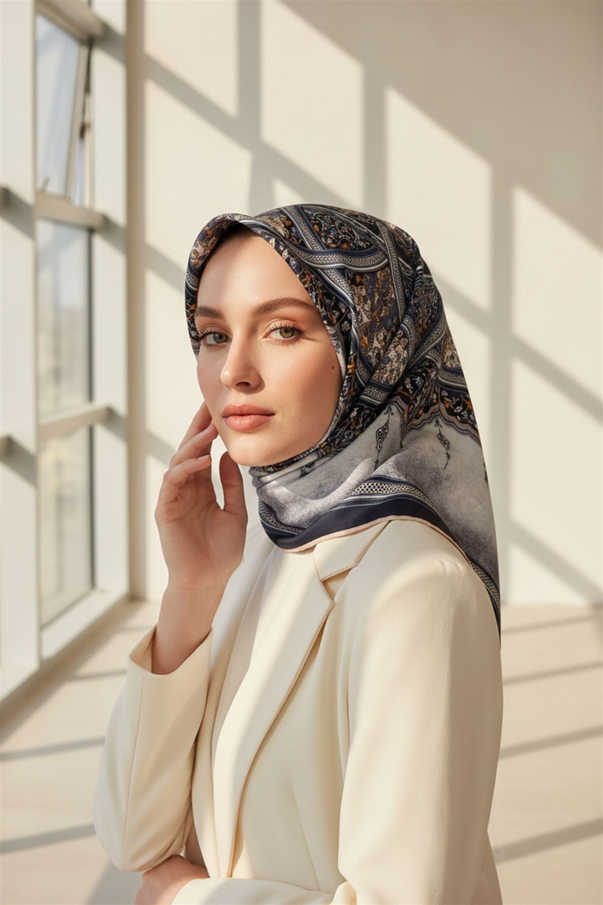 %100 Twill İpek Şal Desenli Gri - Lacivert Renkli 90x90 Eşarp Dikim Şekli : El Dikişi