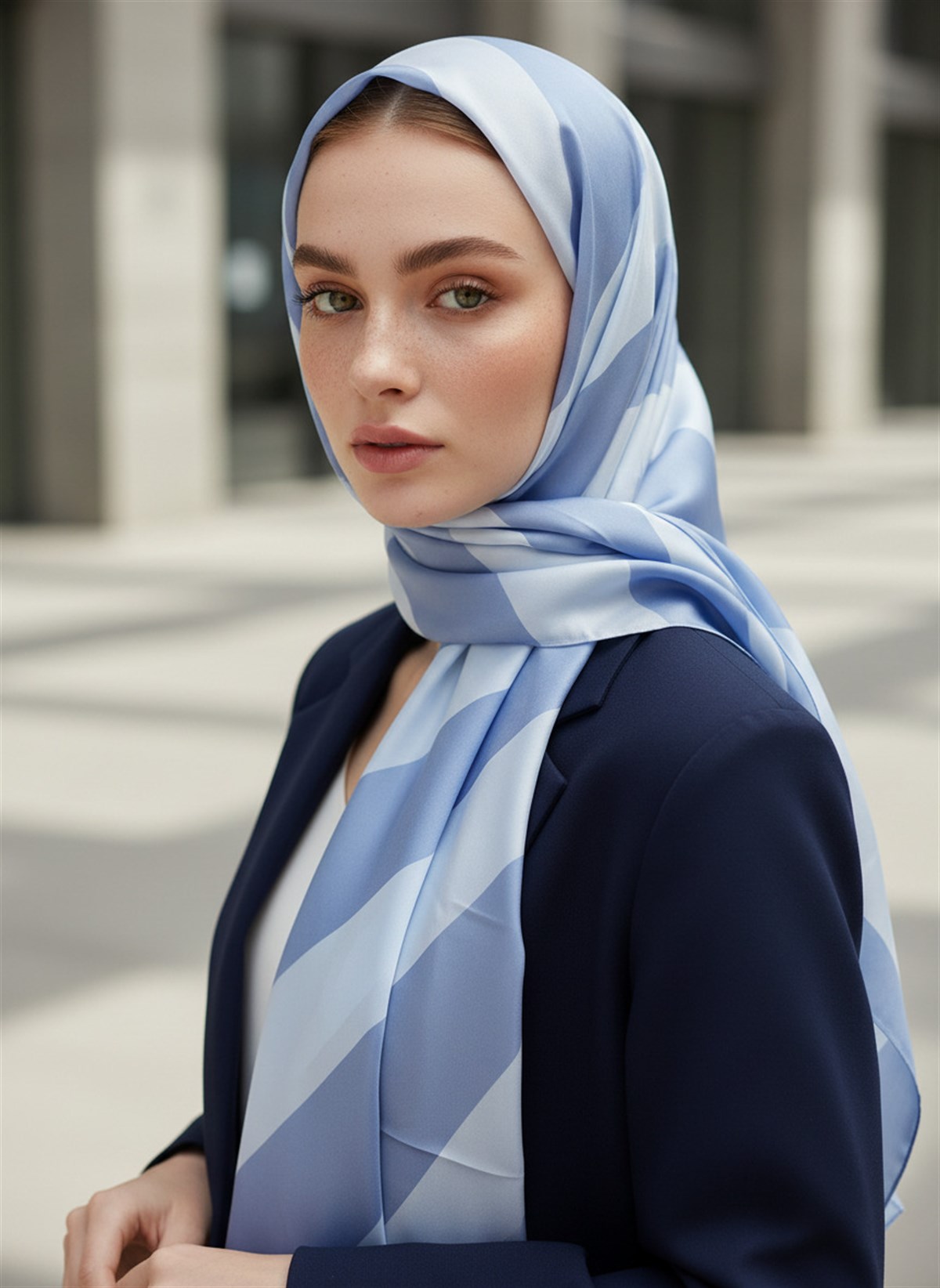 %100 Saf İpek Şal İnce Saten Vual Dokuma Çizgili Desenli Bebe Mavisi - Buz Mavisi Renkli 90x210 Şal