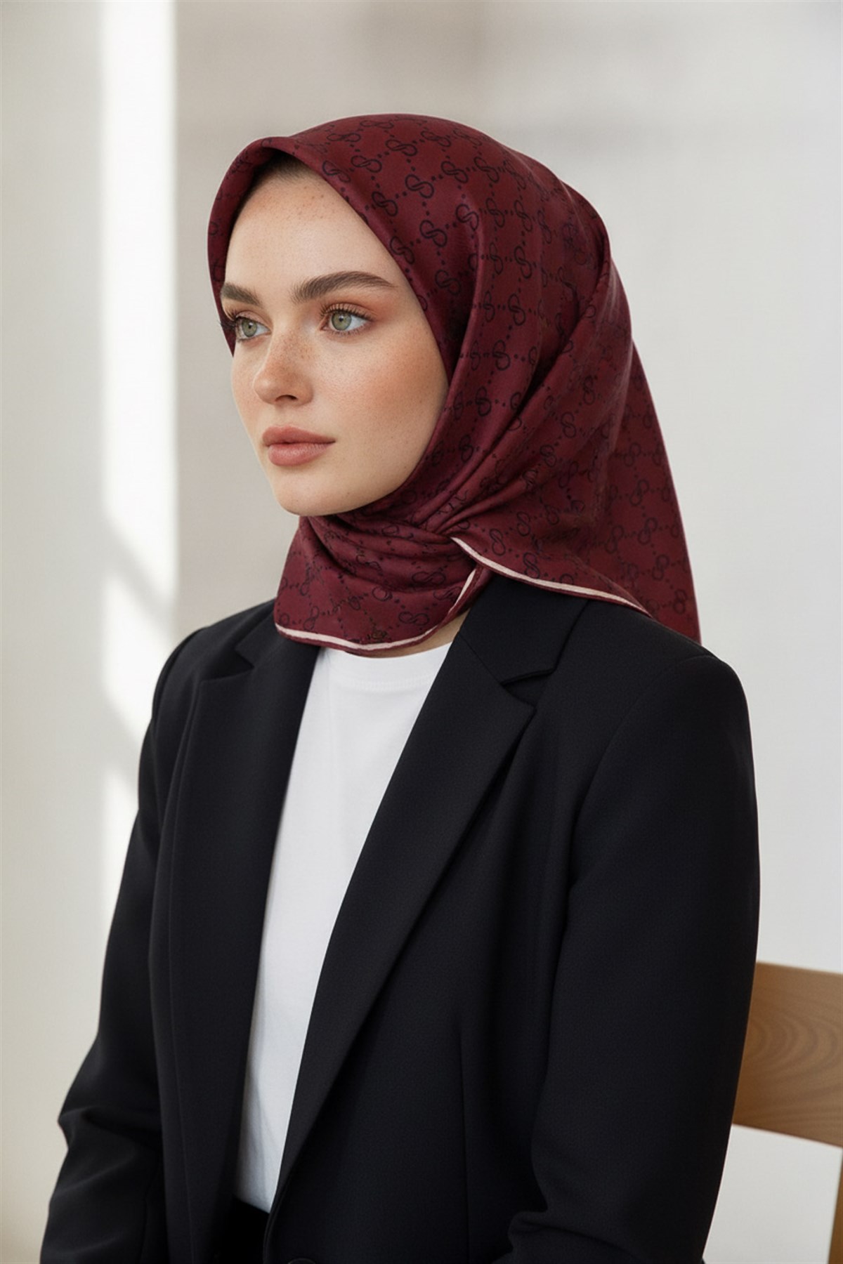 %100 Twill İpek Geometrik Desenli Bordo Renkli 90x90 Eşarp Dikim Şekli : El Dikişi