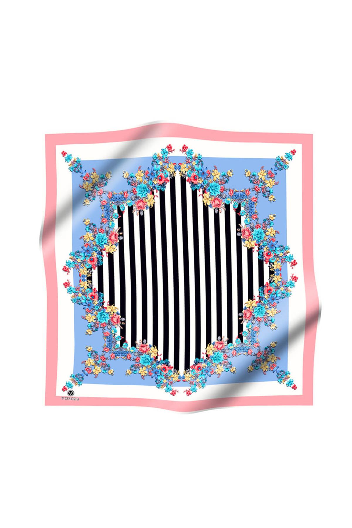 %100 Twill İpek Çıtır Çiçekli Ve Çizgi Desenli Pudra - Bebe Mavisi Renkli 90x90 Eşarp Dikim Şekli : El Dikişi