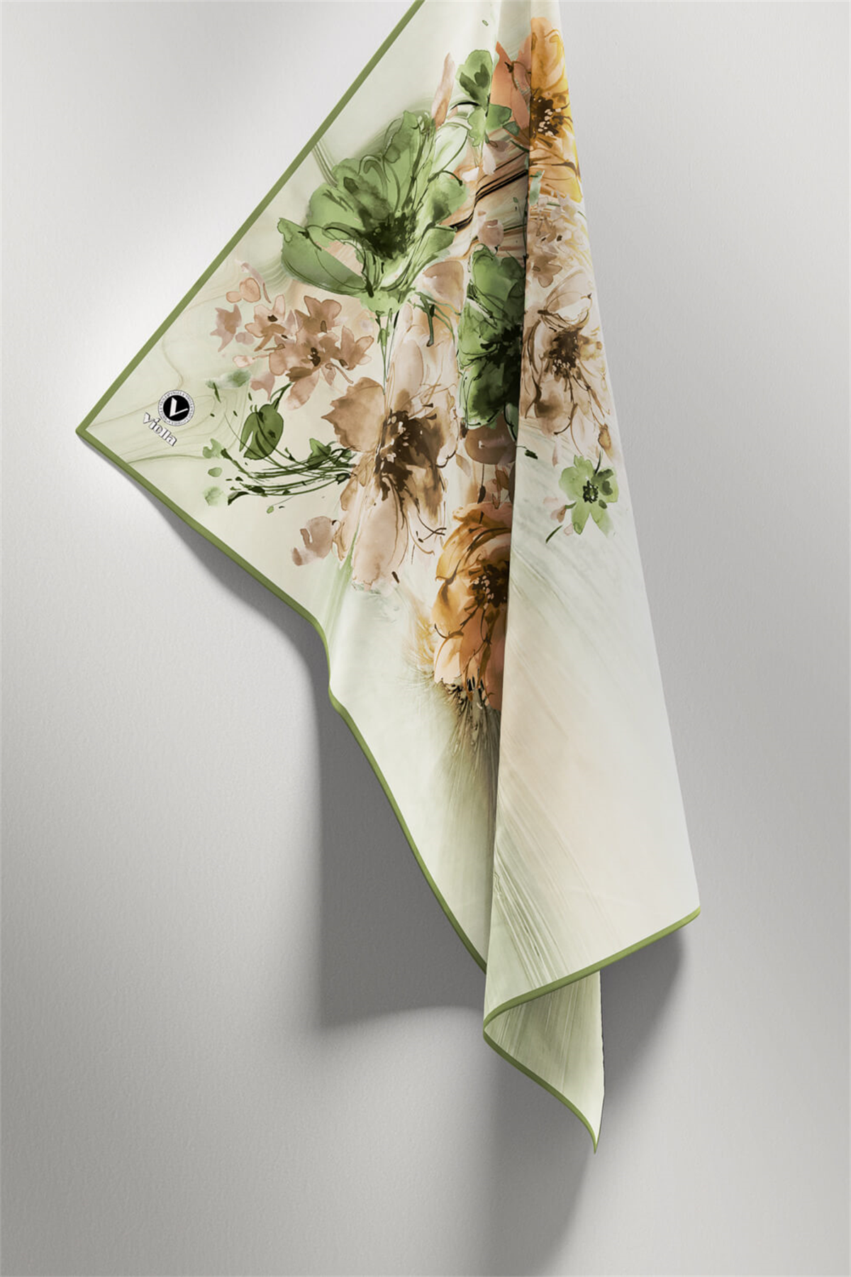 Twill Çiçek Desenli Haki Renkli 90x90 Eşarp (İpek İçermez) Kenar Dikiş Şekli El Dikişli