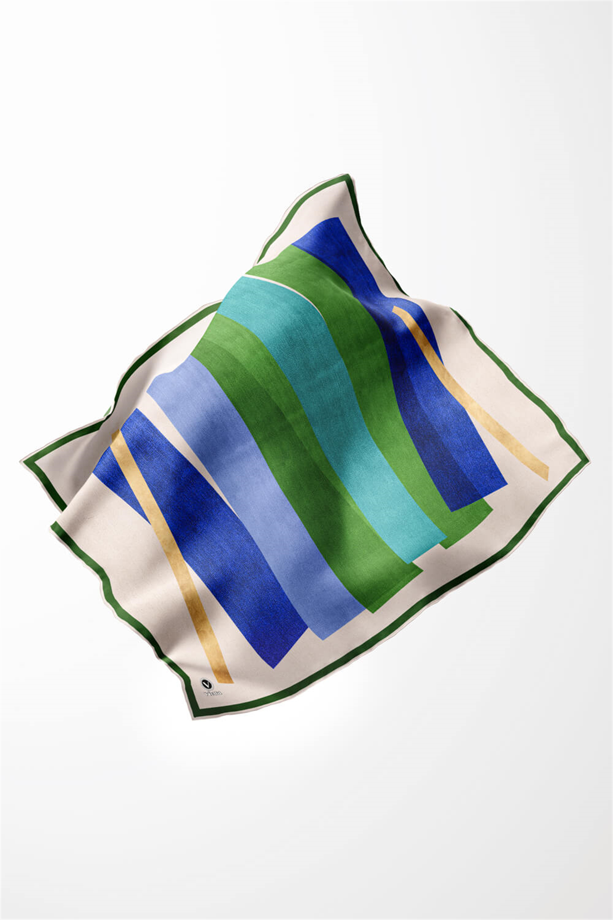 Twill Geometrik Desenli Zümrüt Yeşili - Saks Renkli 90x90 Eşarp (İpek İçermez) Kenar Dikiş Şekli El Dikişli