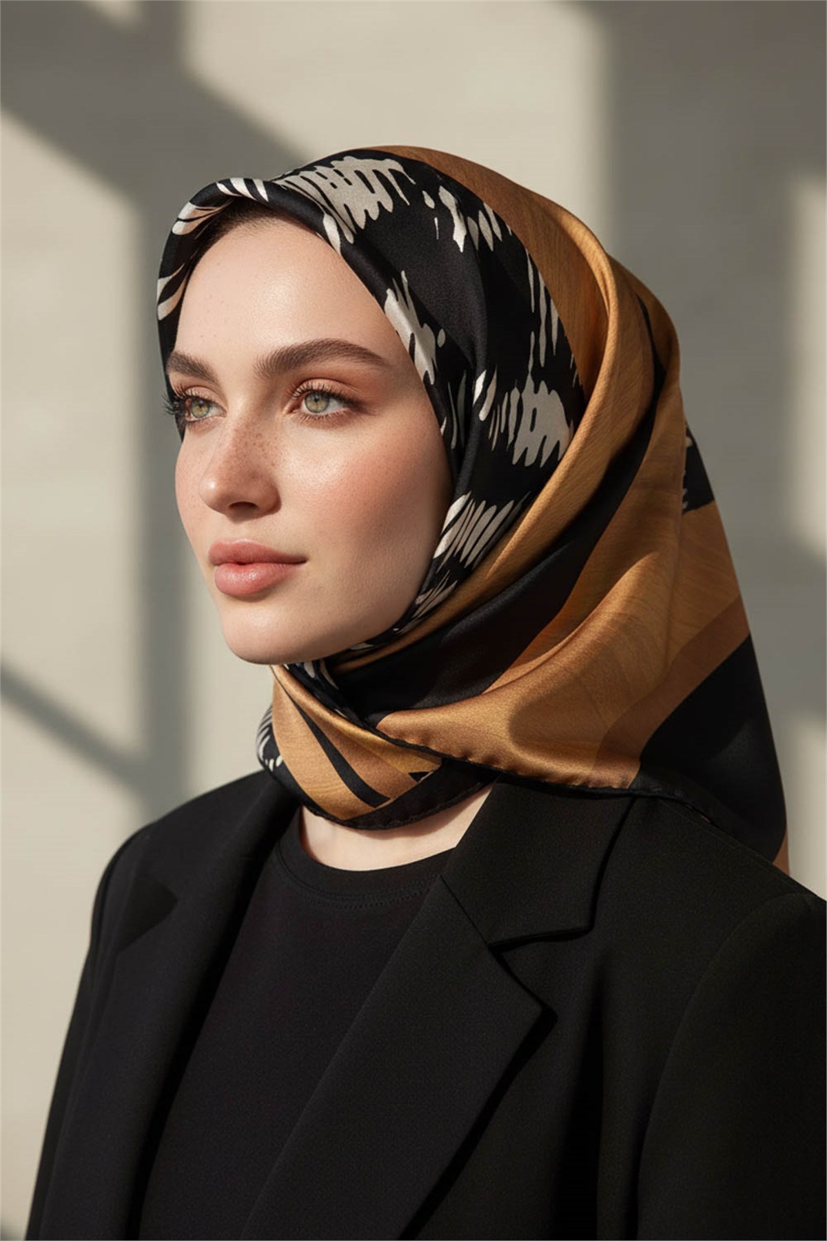%100 Twill İpek Kazayağı Desenli Gold - Siyah Renkli 90x90 Eşarp Kenar Dikiş Şekli El Dikişli