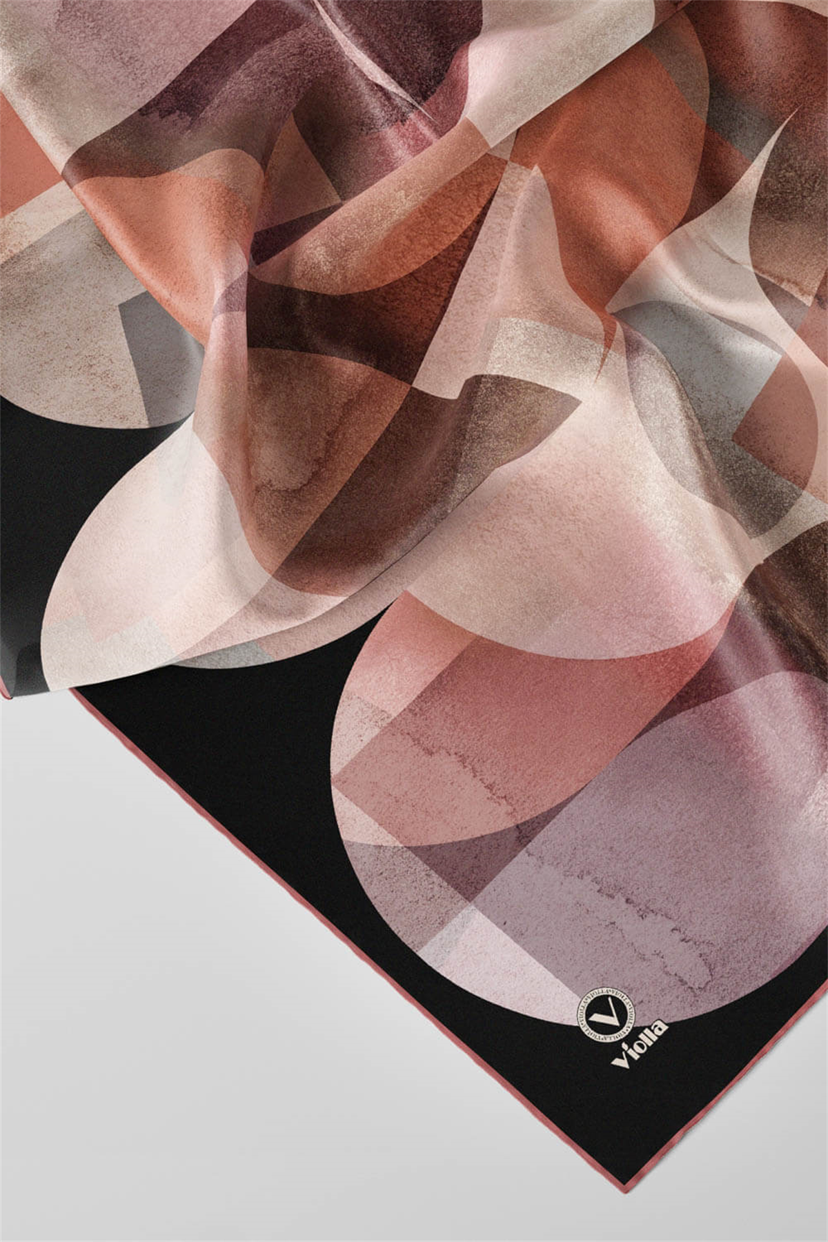 Twill Geometrik Desenli Pembe Renkli 90x90 Eşarp (İpek İçermez)Kenar Dikiş Şekli El Dikişli