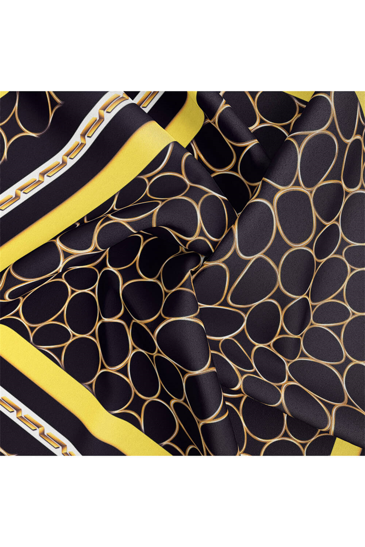 %100 Twill İpek Zincir Desenli Siyah - Limon Sarısı Renkli 90x90 Eşarp Kenar Dikiş Şekli El Dikişli