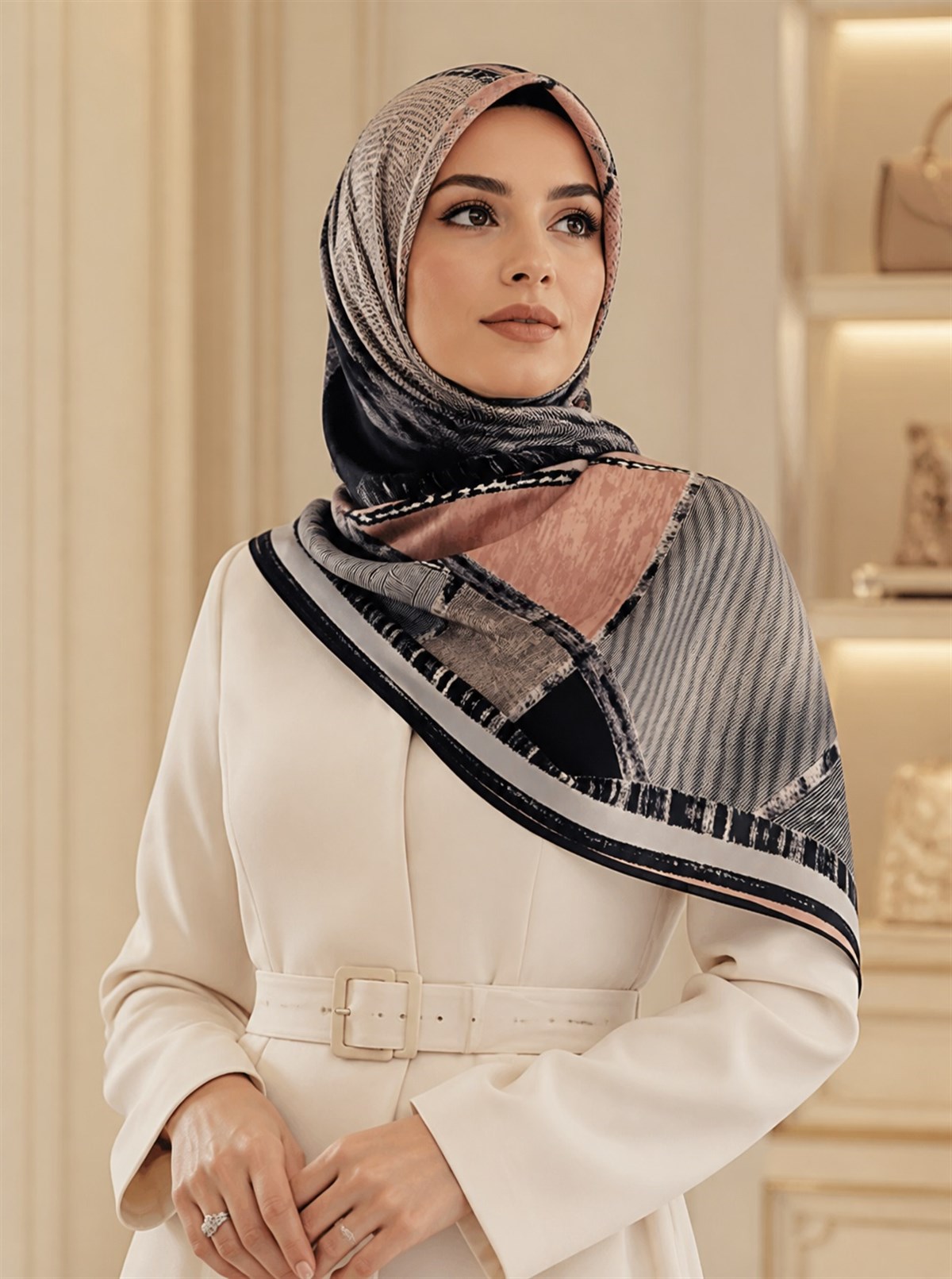 %100 Twill İpek Geometrik Desenli Somon - Bebe Mavisi Renkli 90x90 Eşarp Dikim Şekli : El Dikişi