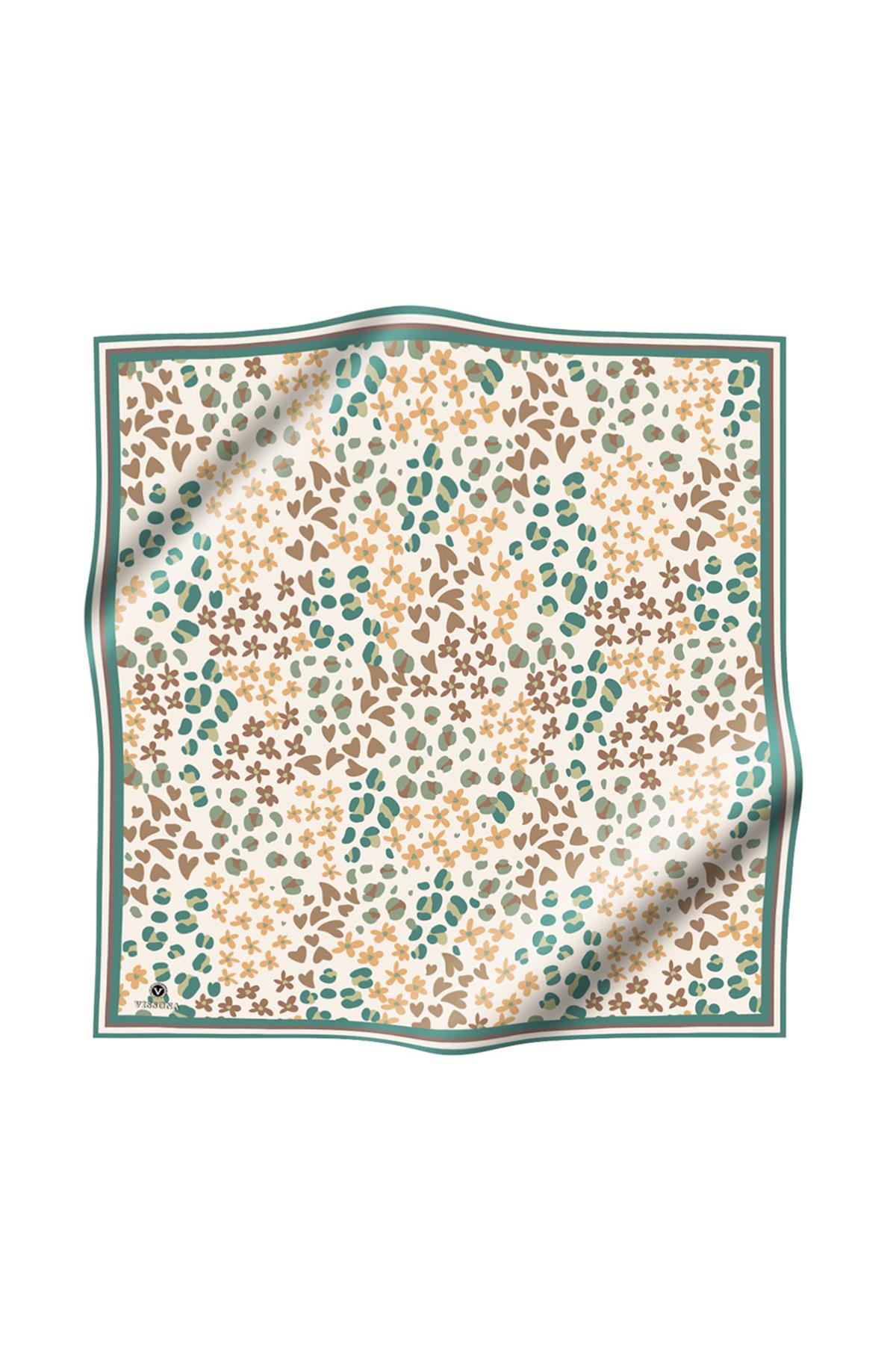 %100 Twill İpek Kalpli Leopar Desenli Zümrüt Yeşili - Vizon Renkli 90x90 Eşarp Dikim Şekli : El Dikişi