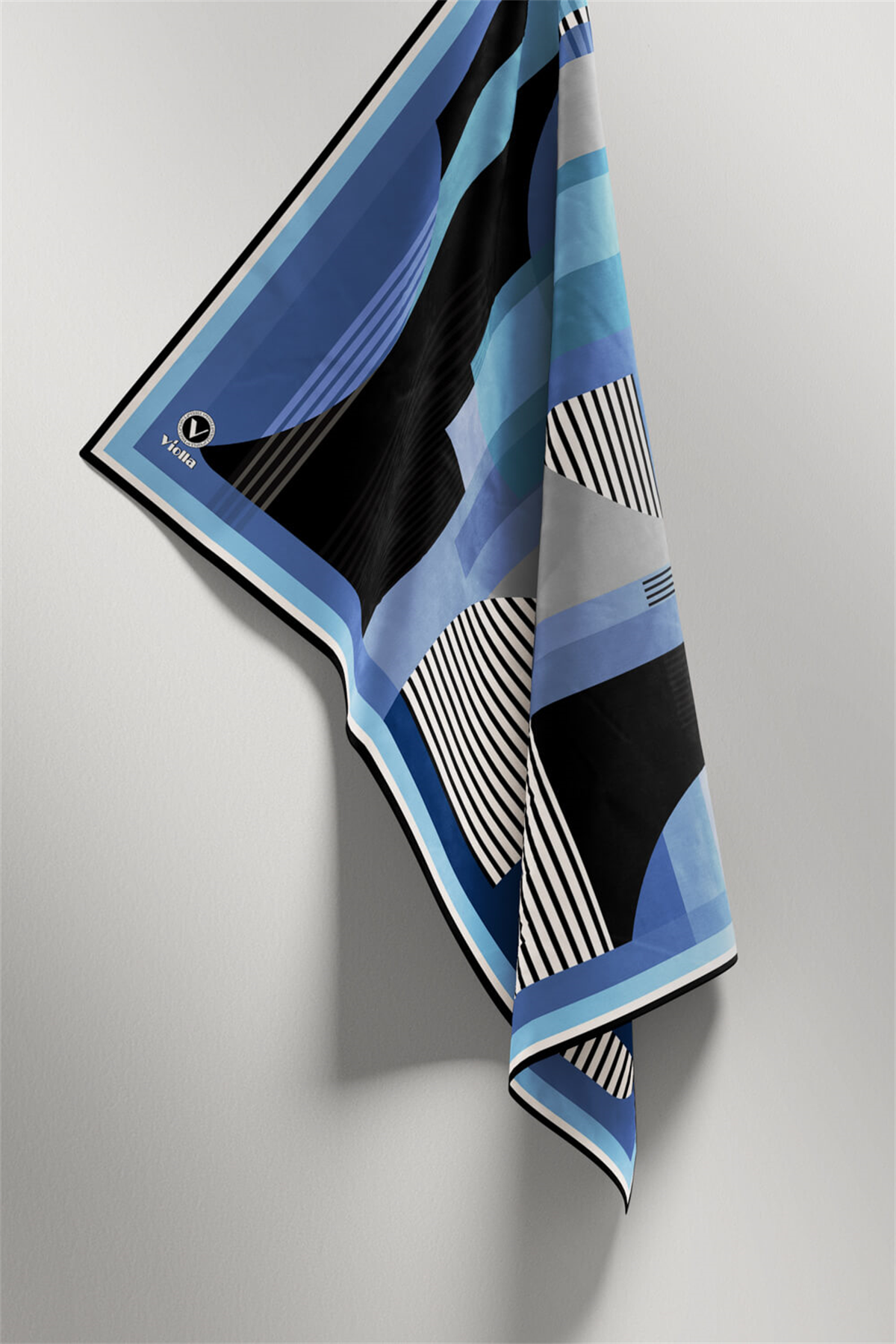 Twill Çizgili Ve Geometrik Desenli Bebe Mavisi Renkli 90x90 Eşarp (İpek İçermez) Kenar Dikiş Şekli El Dikişli