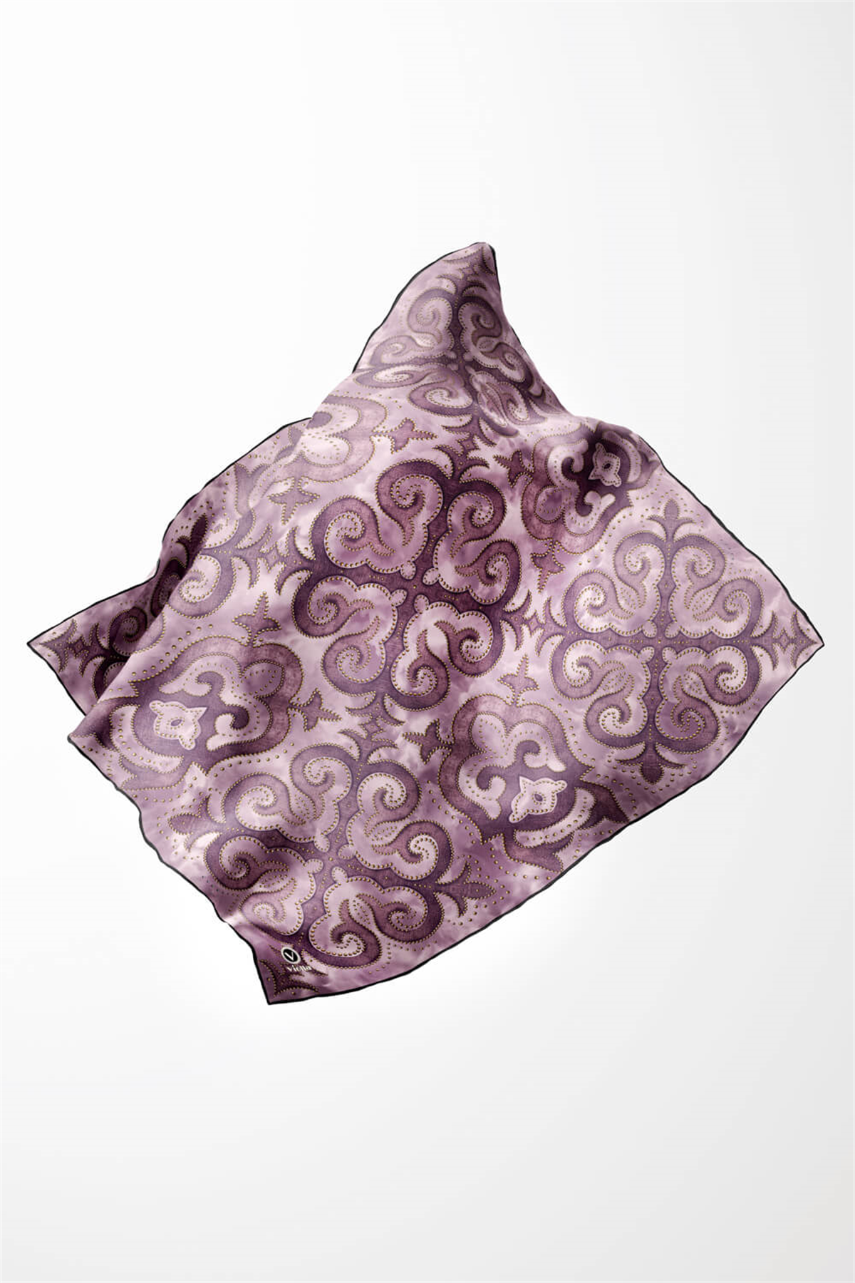 Twill Barok Desenli Lila Renkli 90x90 Eşarp (İpek İçermez) Kenar Dikiş Şekli El Dikişli