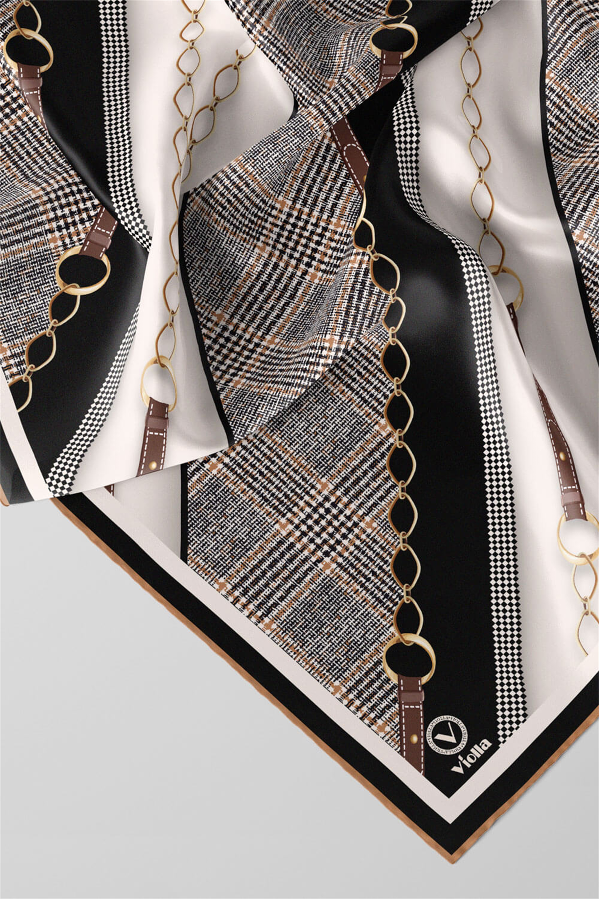 Twill Kemer Desenli Siyah Renkli 90x90 Eşarp (İpek İçermez) Kenar Dikiş Şekli El Dikişli