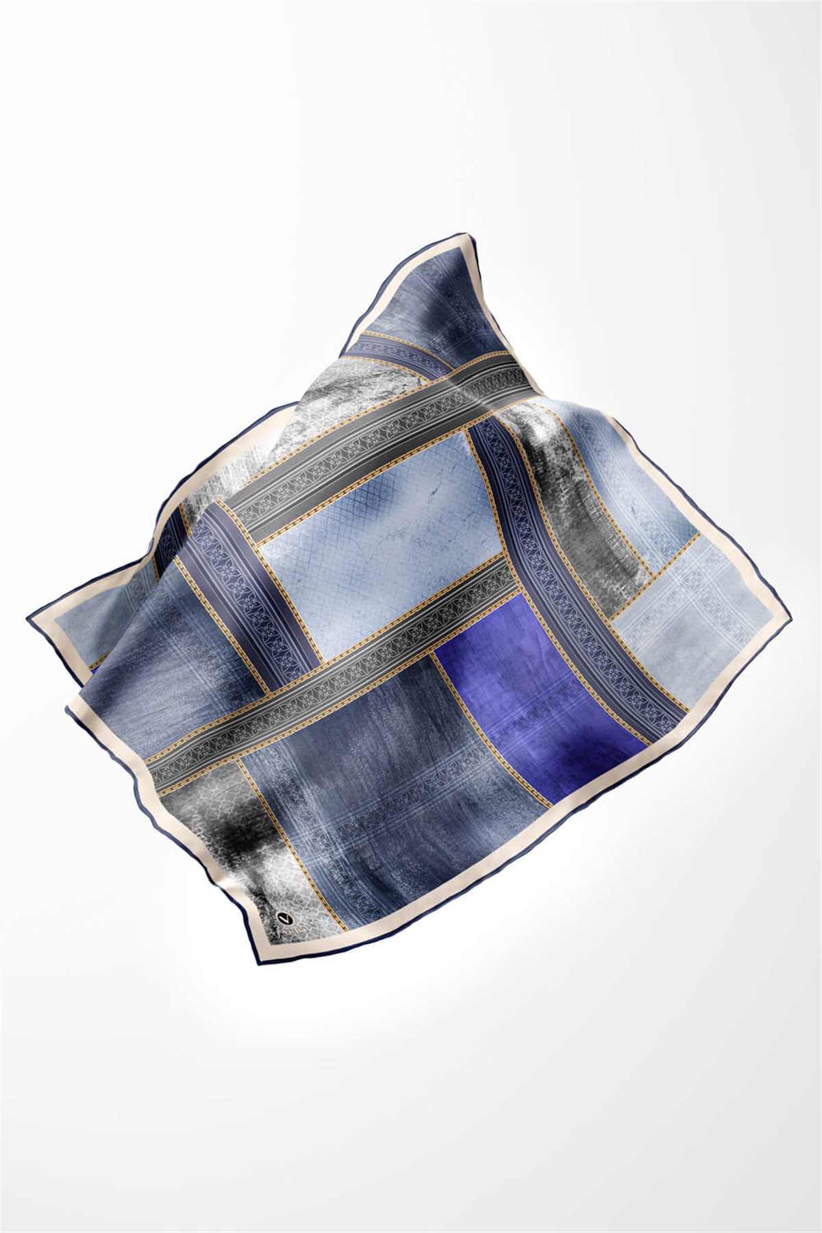 Twill Dokulu Ve Geometrik Desenli Saks Renkli 90x90 Eşarp (İpek İçermez) Dikim Şekli : El Dikişi