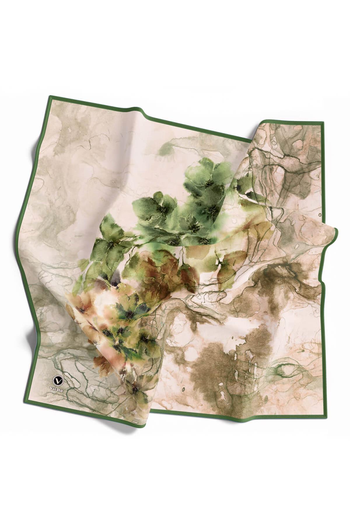 Rayon Sulu Boyalı Çiçek Desenli Zümrüt Yeşili Renkli 90x90 Eşarp (İpek İçermez) Dikim Şekli : El Dikişi