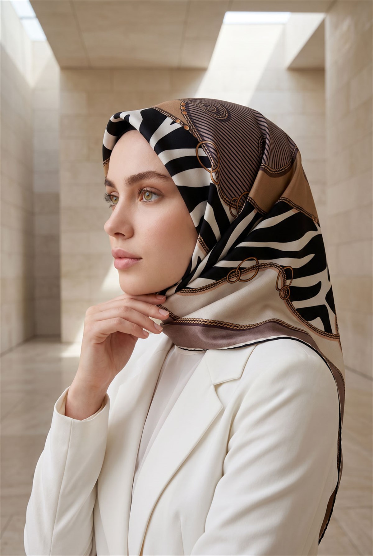 %100 Twill İpek Zincirli Ve Zebra Desenli Pudra - Bej Renkli 90x90 Eşarp Dikim Şekli : El Dikişi