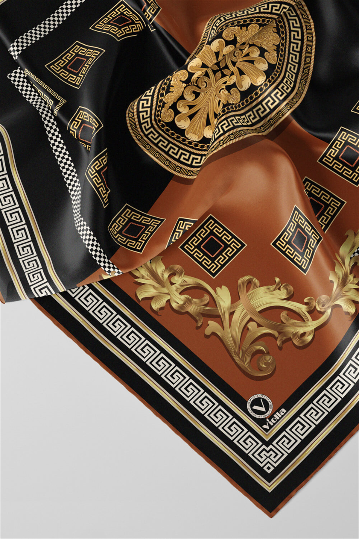 Twill Barok Desenli Taba Renkli 90x90 Eşarp (İpek İçermez) Kenar Dikiş Şekli El Dikişli