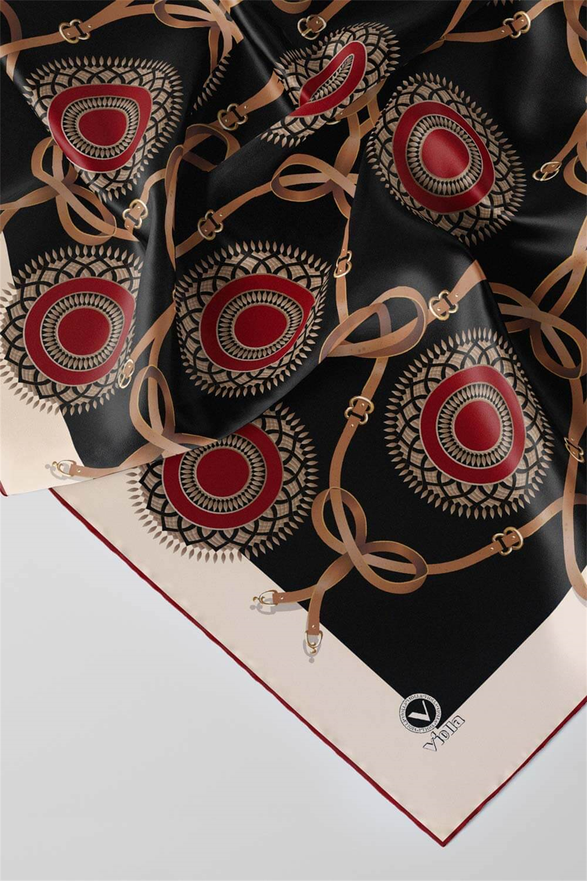 Twill Kemerli Ve Geometrik Desenli Bordo Renkli 90x90 Eşarp (İpek İçermez) Kenar Dikiş Şekli El Dikişli